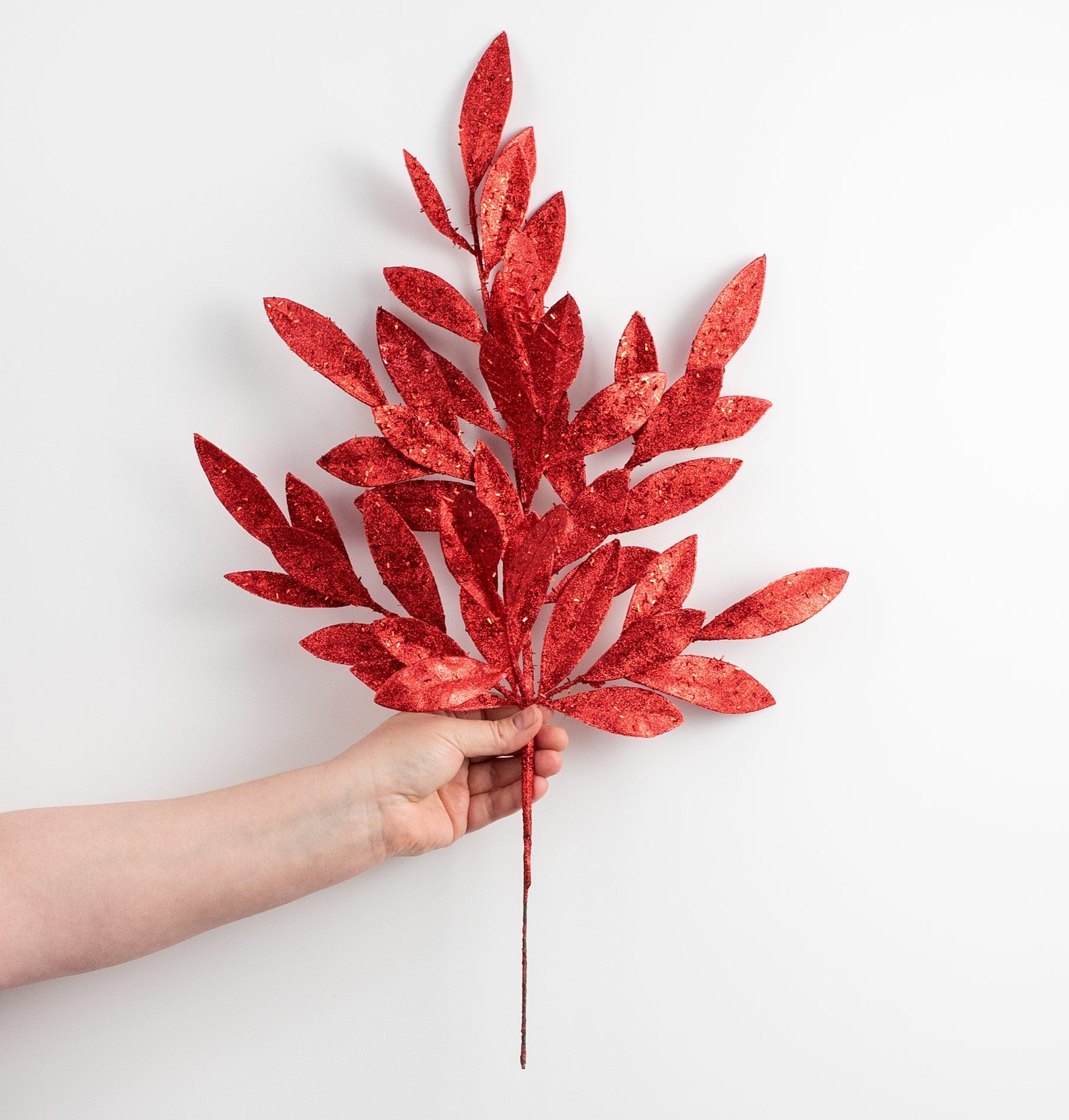 23" Metallic Glittered Bay Leaf Spray: Red detail photo 3