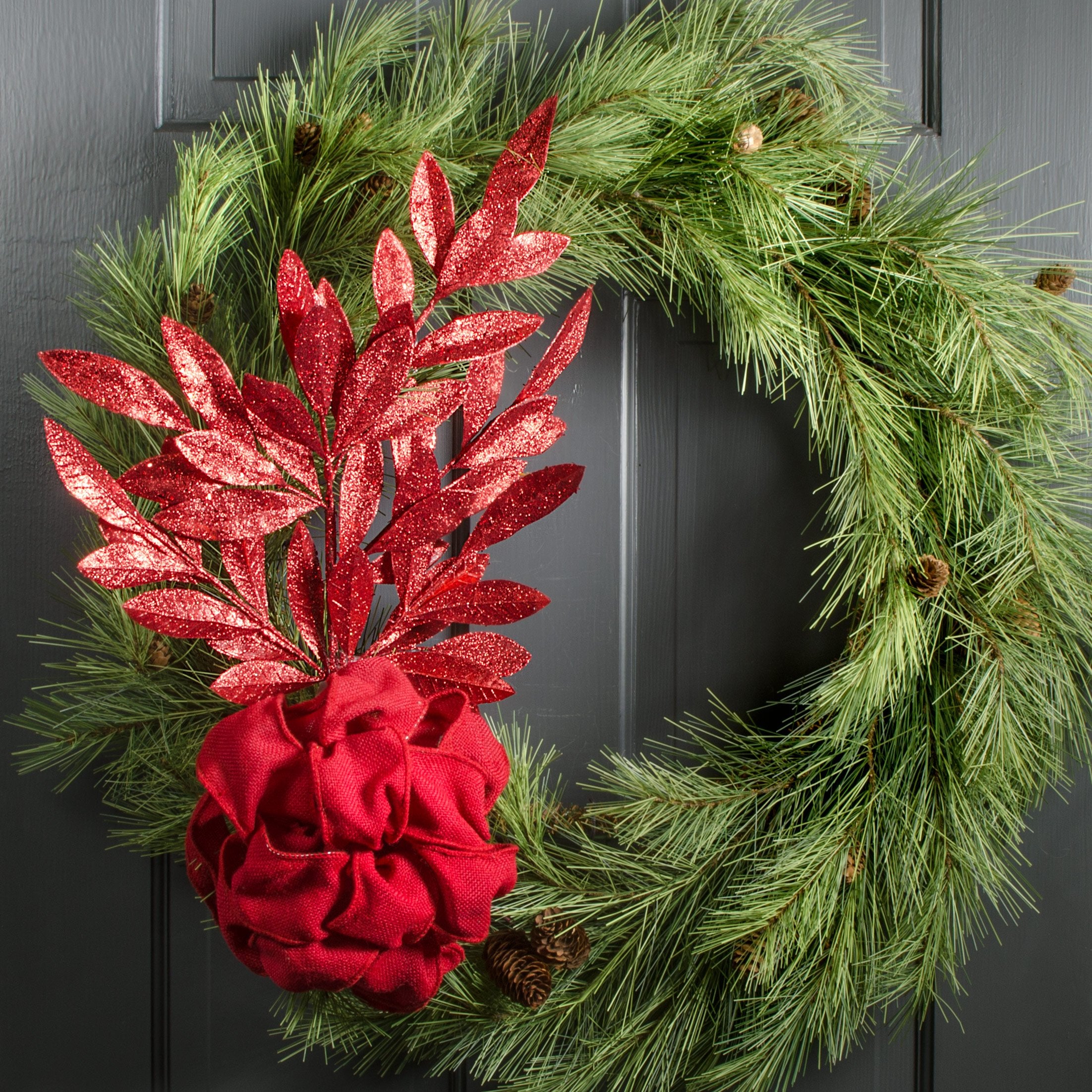 23" Metallic Glittered Bay Leaf Spray: Red detail photo 4