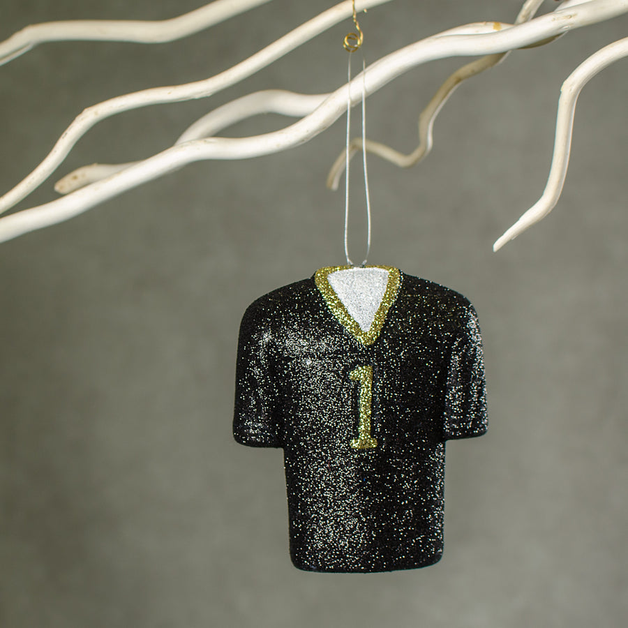 4.5" Metallic Glittered Football Jersey Ornament: Black & Gold Lifestyle Photo