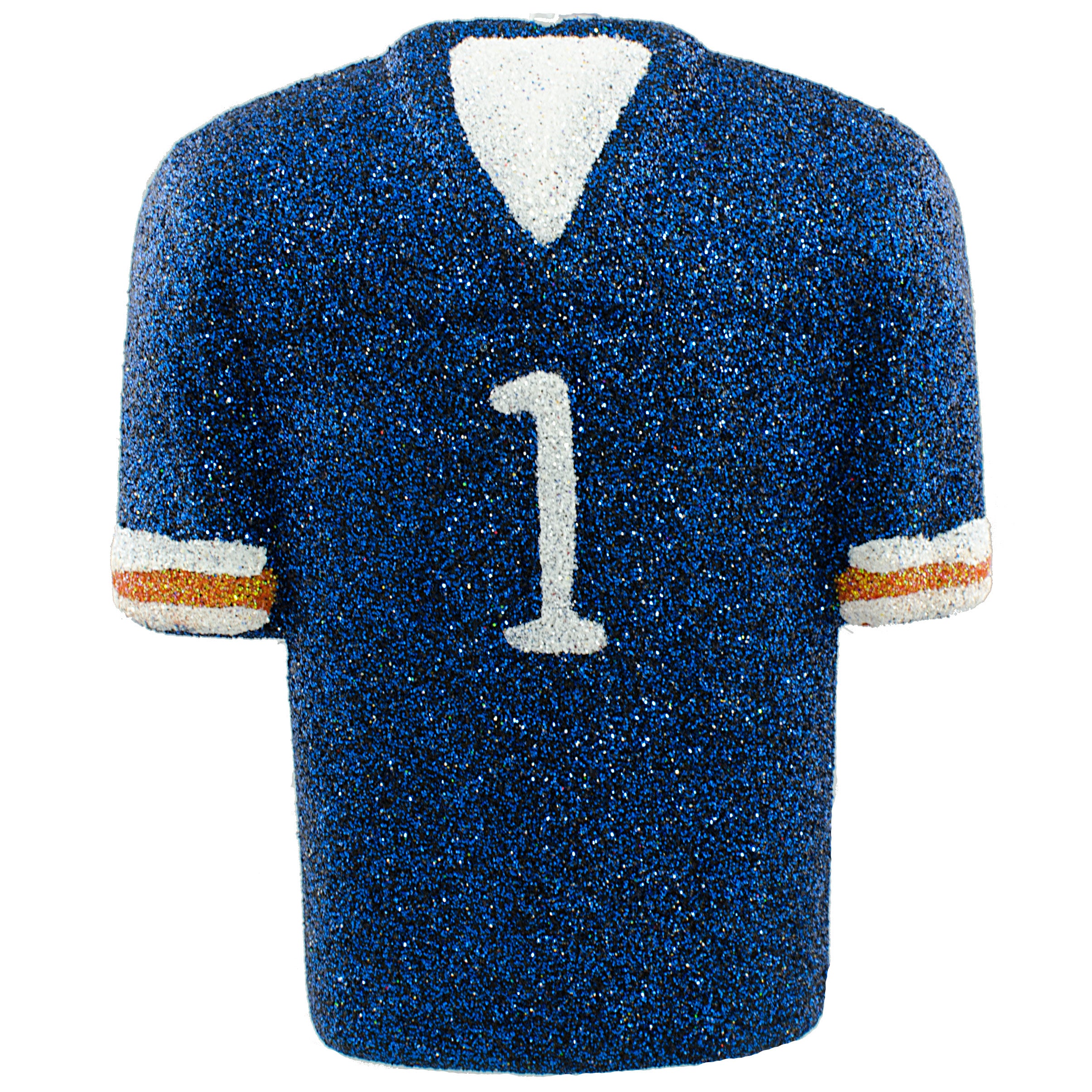4.5" Metallic Glittered Football Jersey Ornament: Navy Blue, Orange & White Item Number: MS1198E5