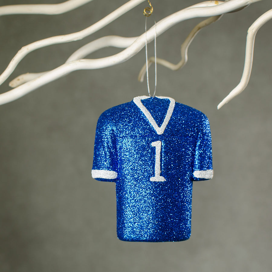 4.5" Metallic Glittered Football Jersey Ornament: Royal Blue & White Lifestyle Photo