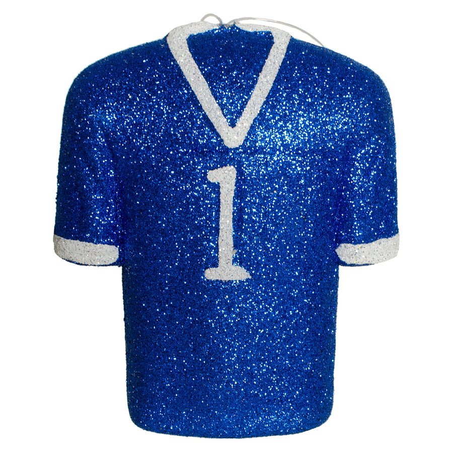 4.5" Metallic Glittered Football Jersey Ornament: Royal Blue & White Item Number: MS1194H2