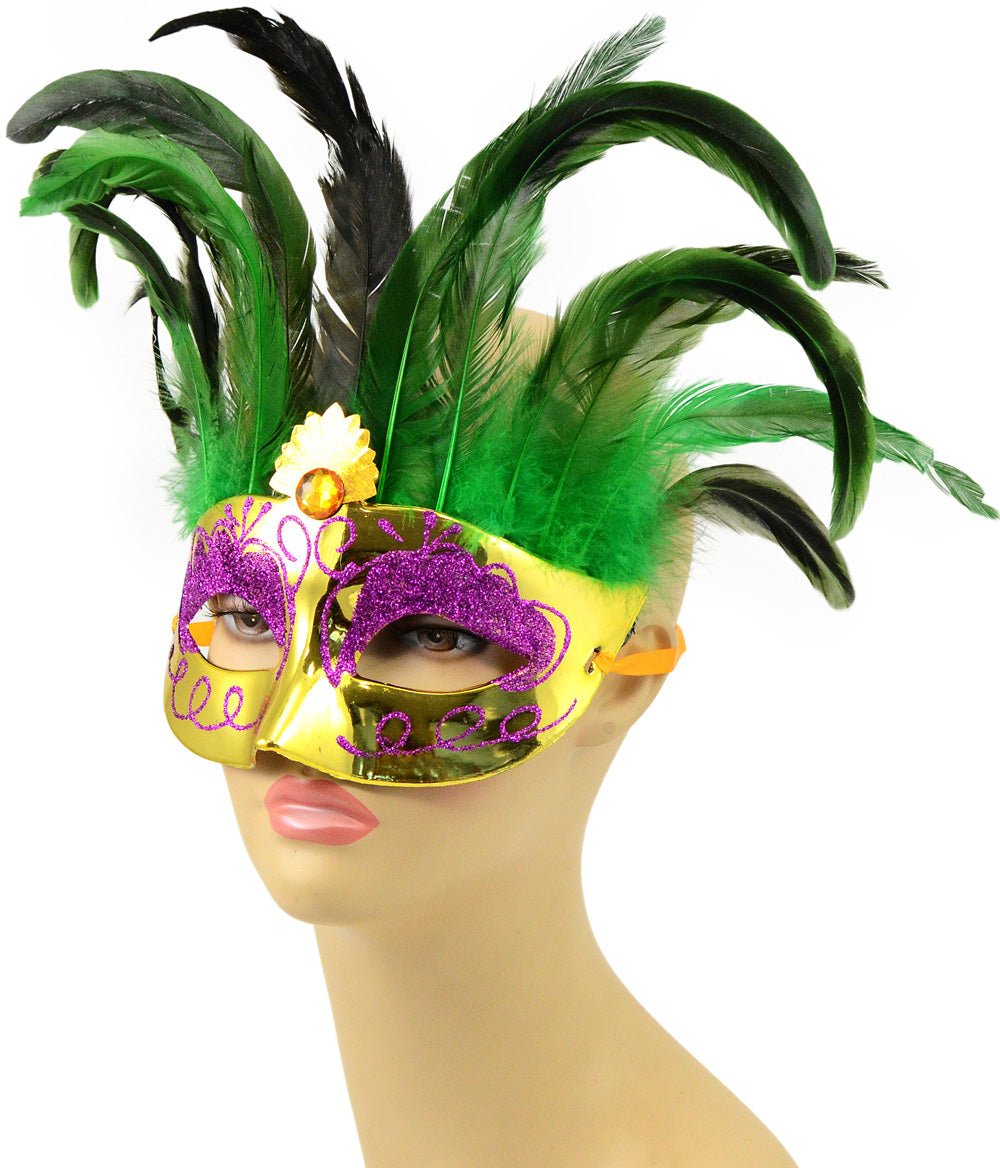 Metallic Gold Feather Topped Mask Lifestyle Photo