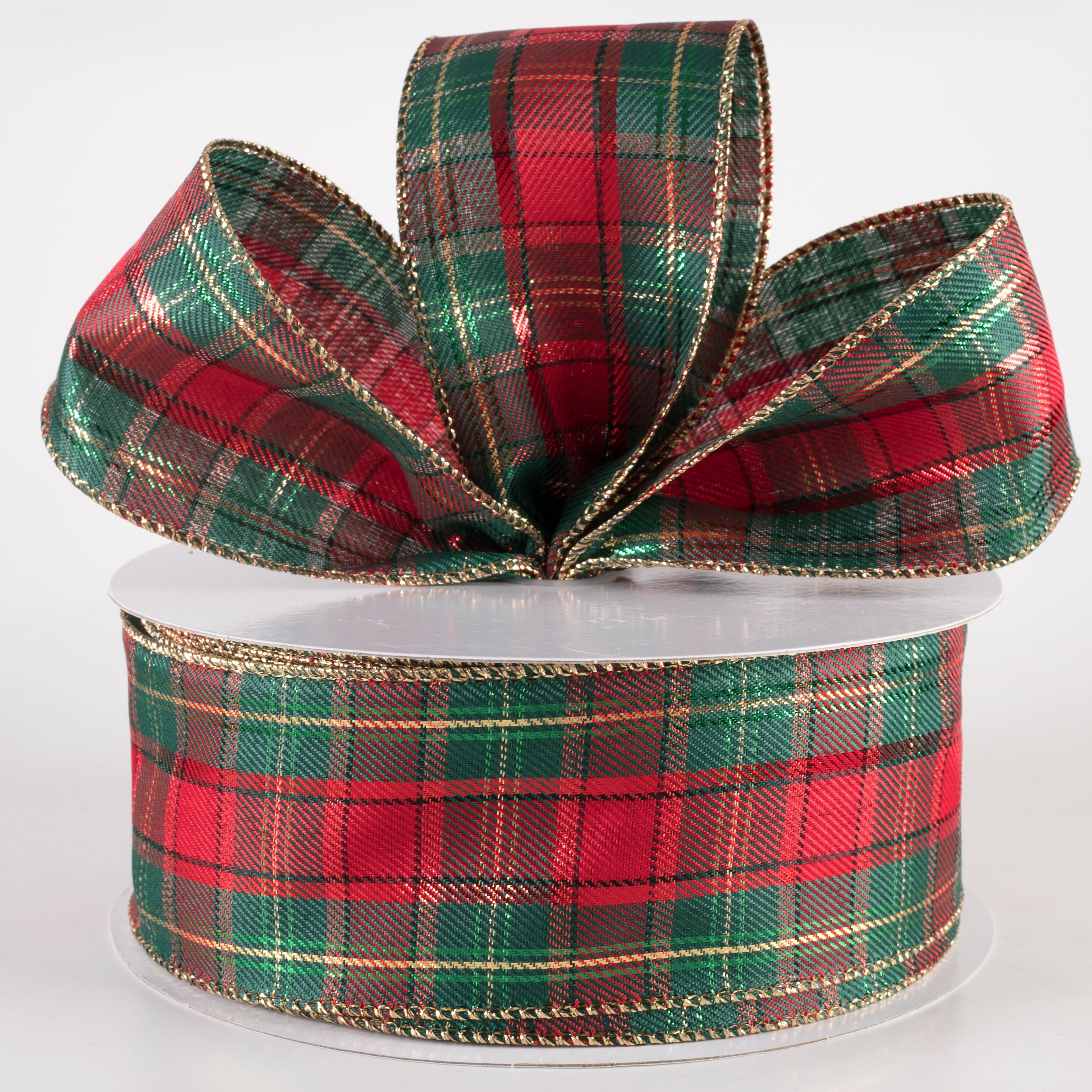 2.5" Metallic Henry Plaid Ribbon: Red, Hunter Green & Gold (50 Yards) Lifestyle Photo