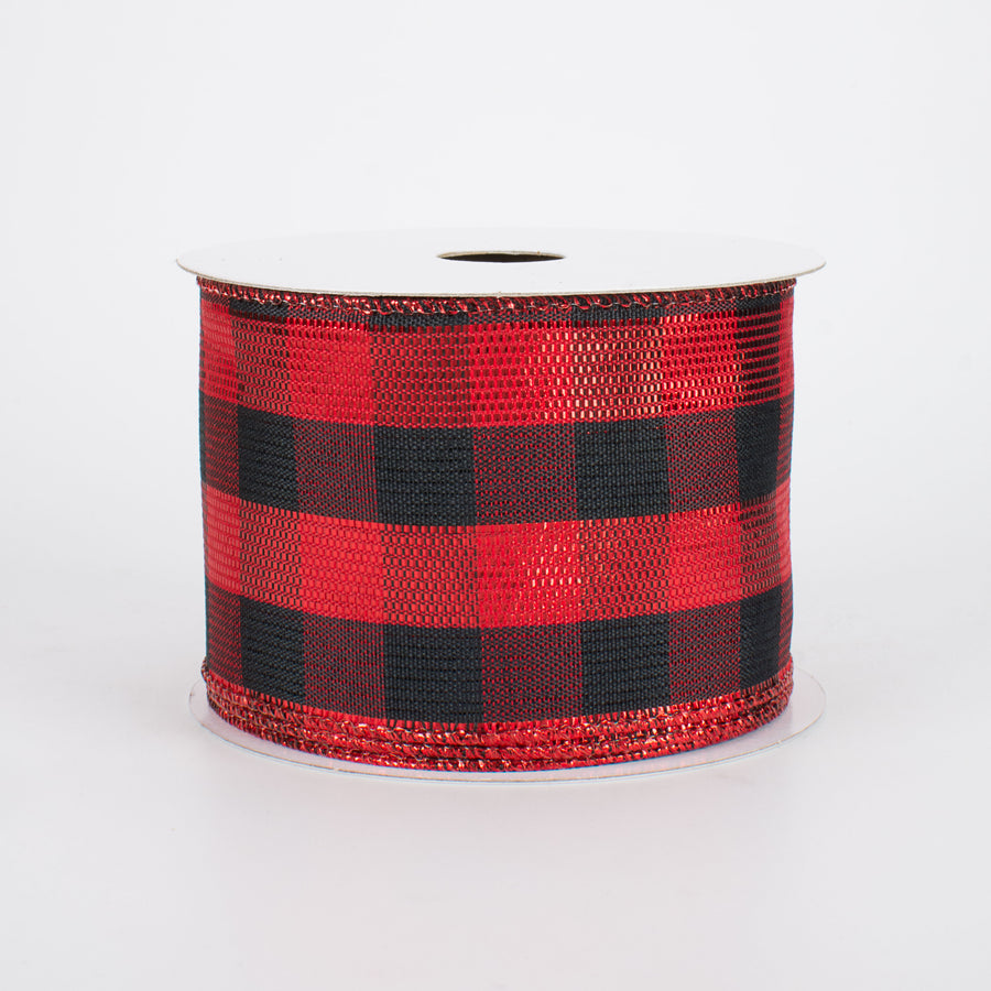 2.5" Metallic Lamé Gingham Check Ribbon: Red & Black (10 Yards)