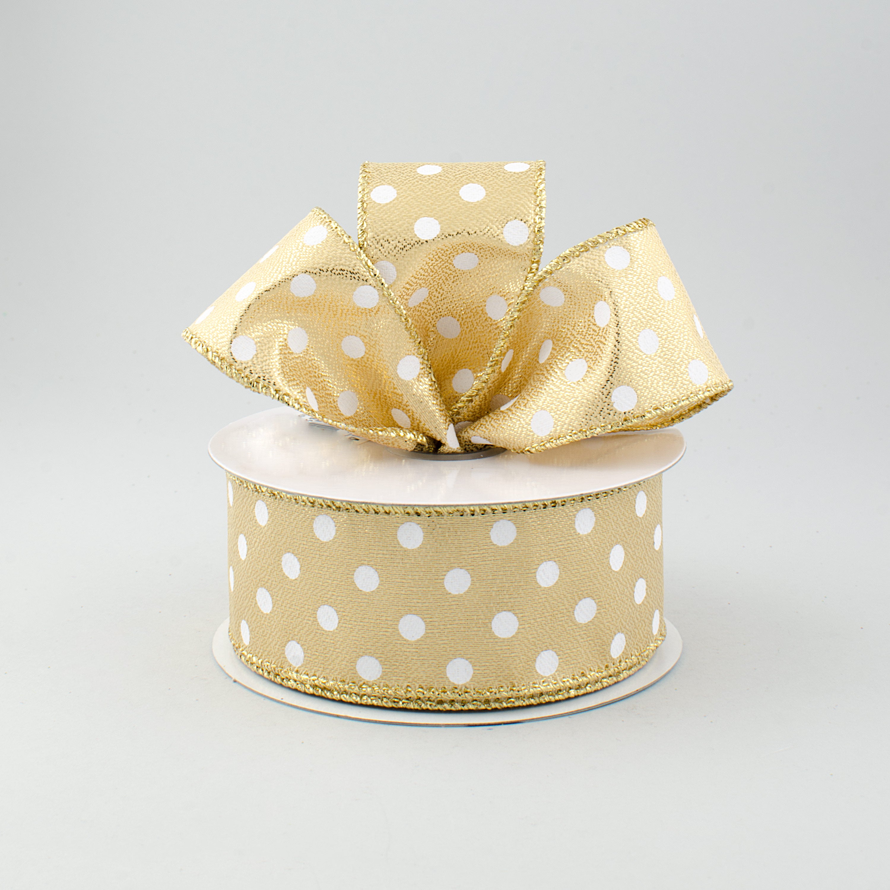 1.5" Metallic Lamé Small Polka Dot Ribbon: Gold & White (10 Yards) Lifestyle Photo