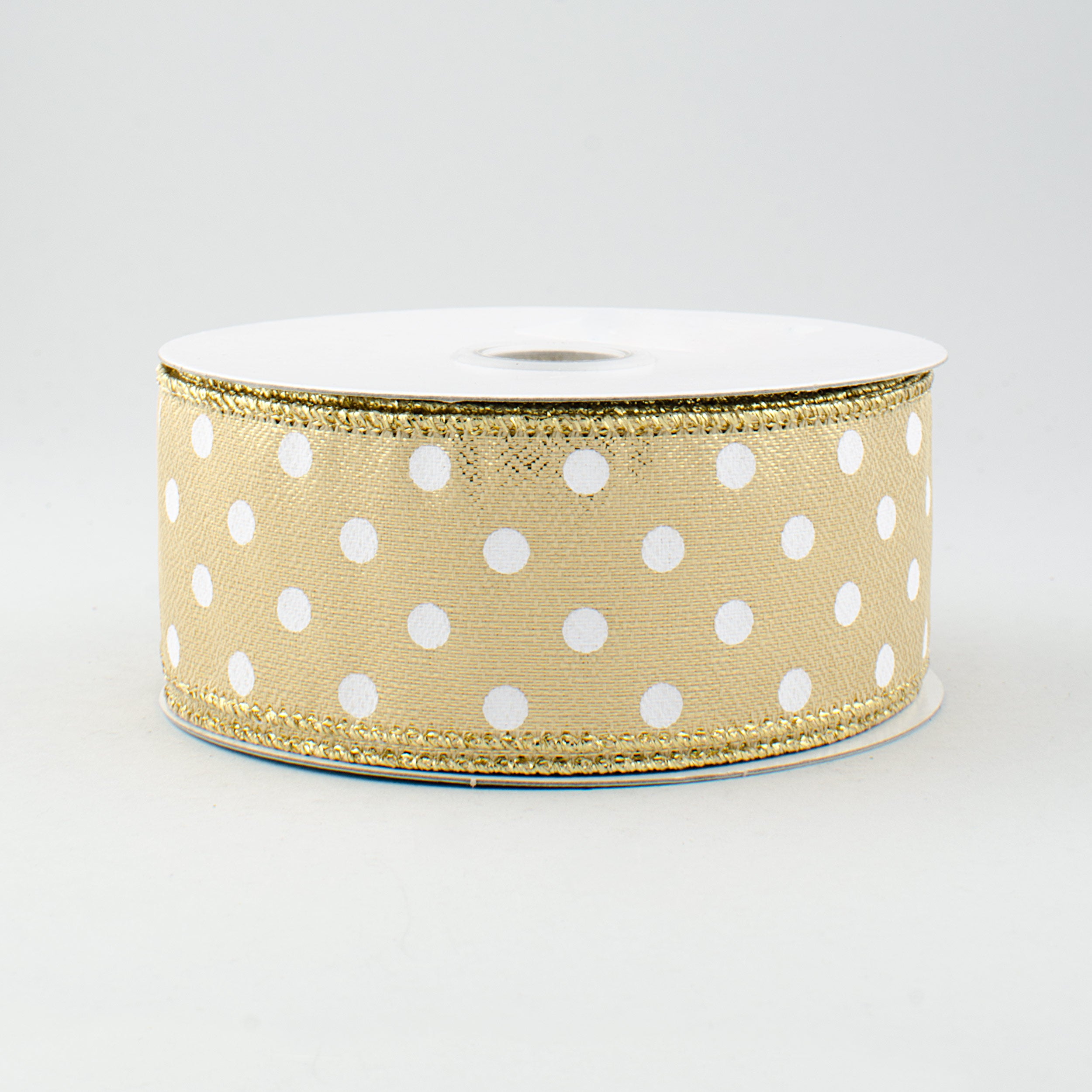 1.5" Metallic Lamé Small Polka Dot Ribbon: Gold & White (10 Yards)