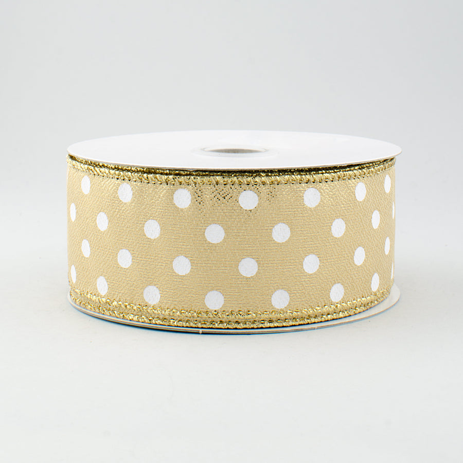 1.5" Metallic Lamé Small Polka Dot Ribbon: Gold & White (10 Yards)