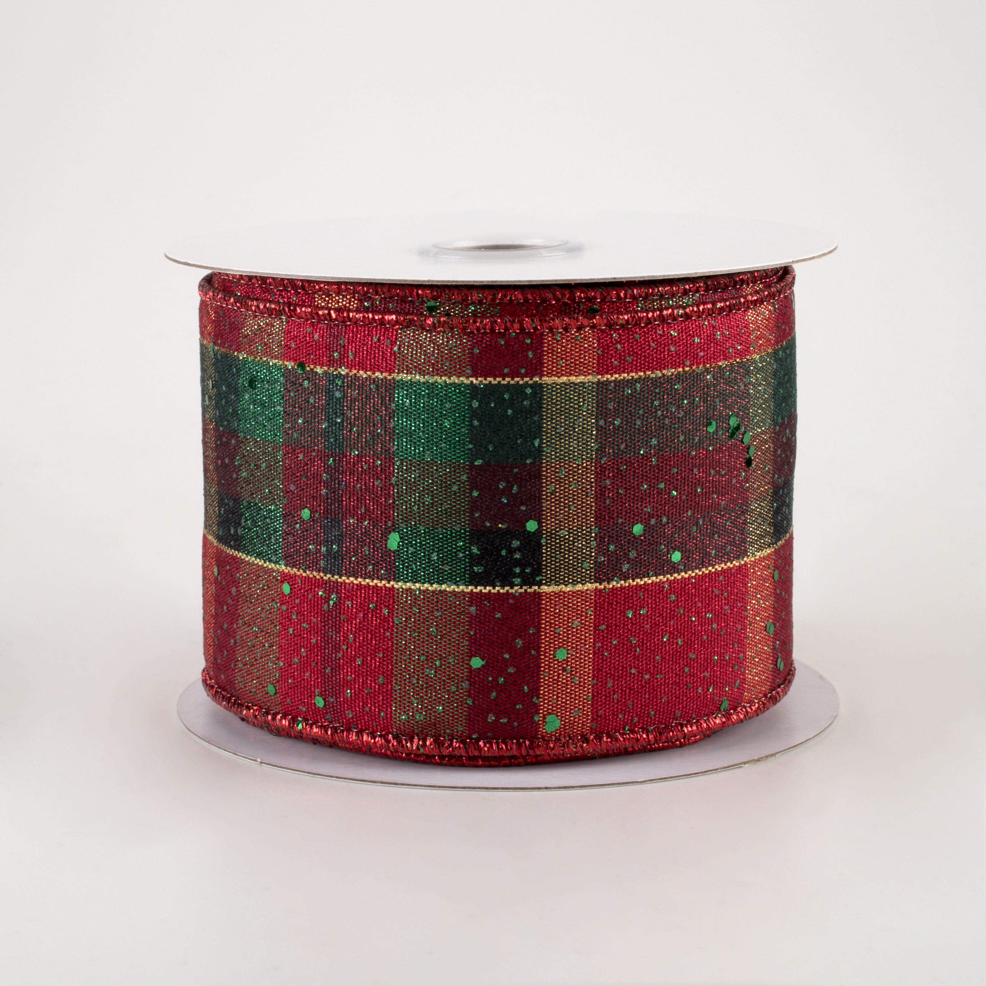 2.5" Metallic Plaid Hex Glitter Ribbon: Red, Black, Emerald, Gold (10 Yards)