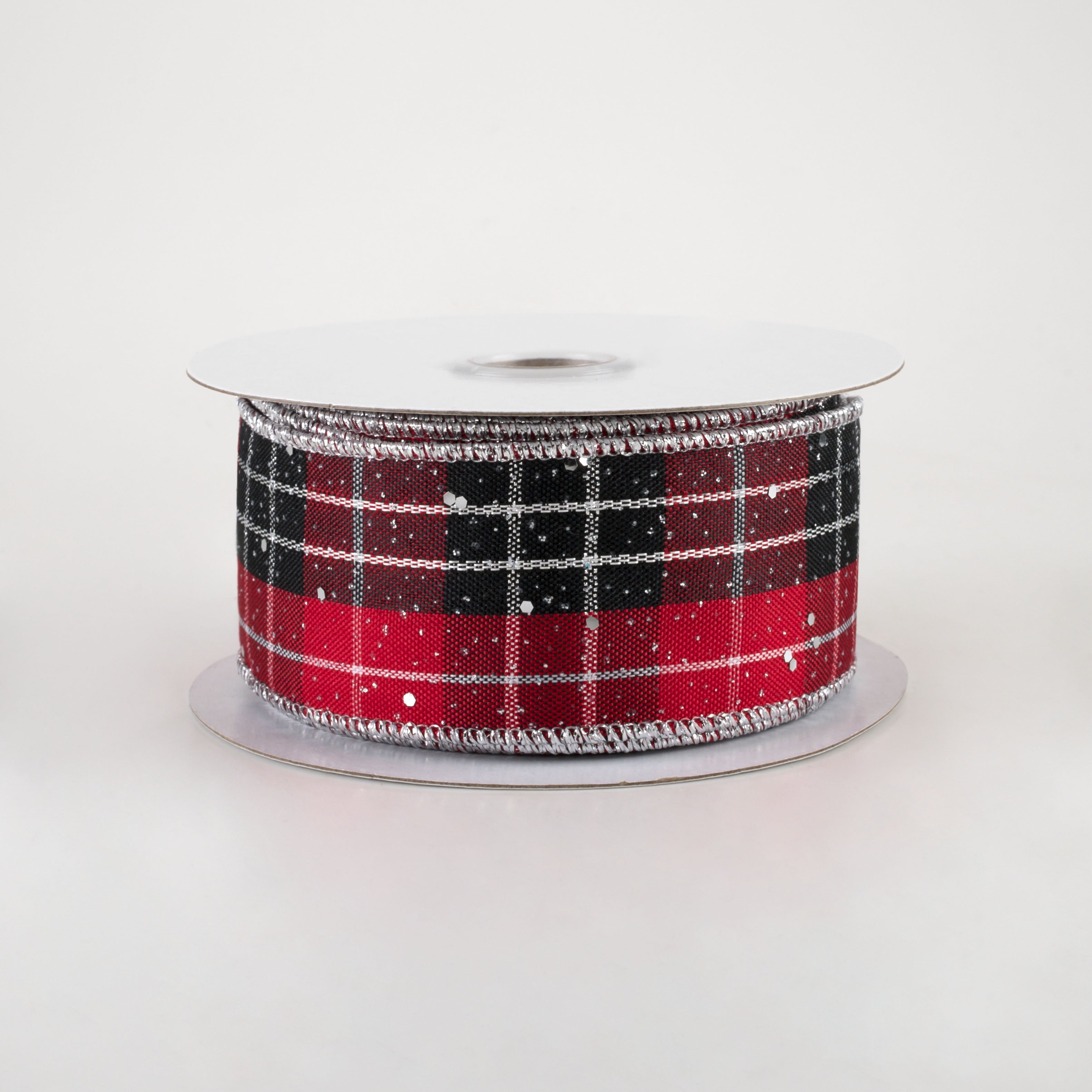 1.5" Metallic Plaid Hex Glitter Ribbon: Red, Black, White, Silver (10 Yards)