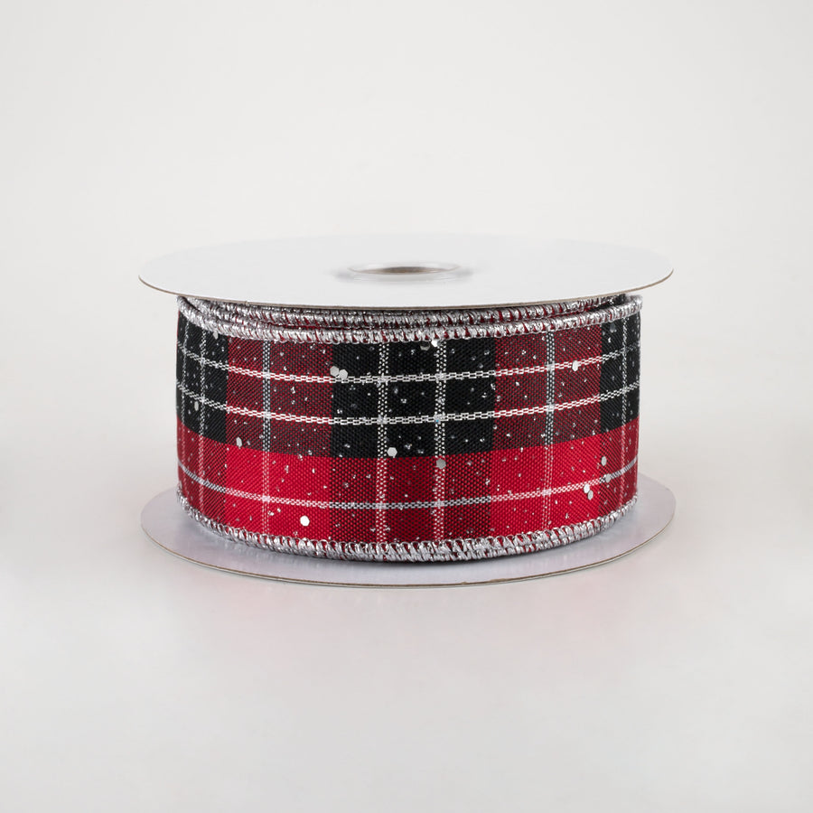 1.5" Metallic Plaid Hex Glitter Ribbon: Red, Black, White, Silver (10 Yards)