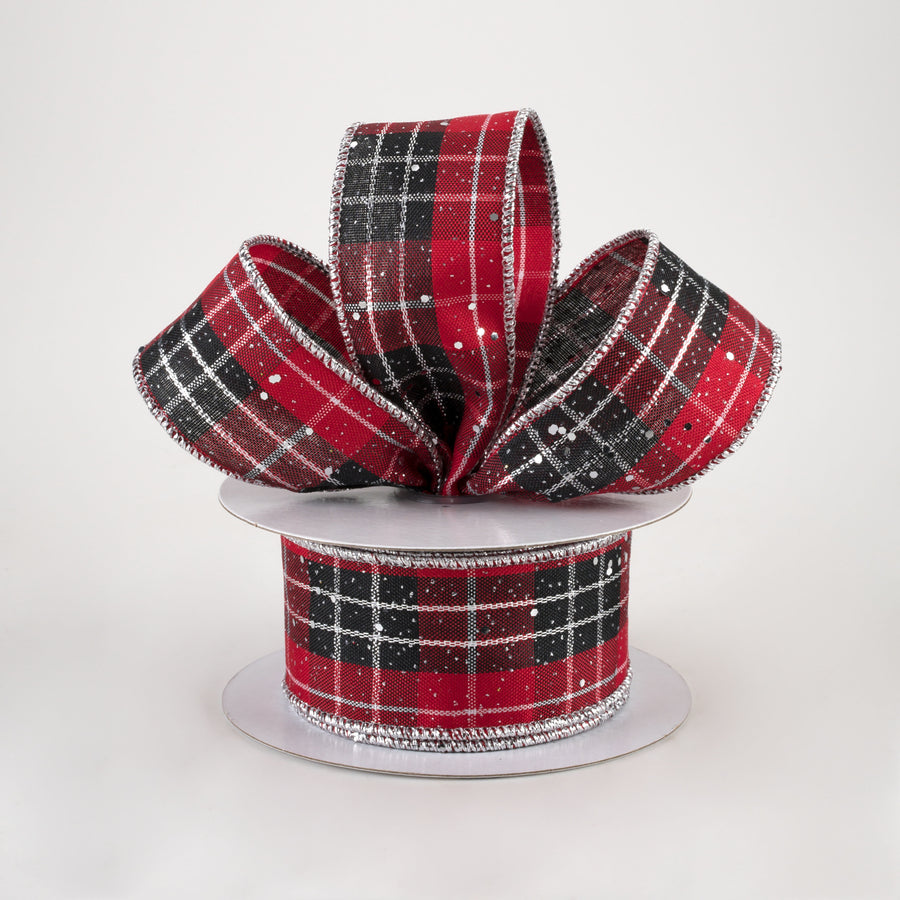1.5" Metallic Plaid Hex Glitter Ribbon: Red, Black, White, Silver (10 Yards) Lifestyle Photo