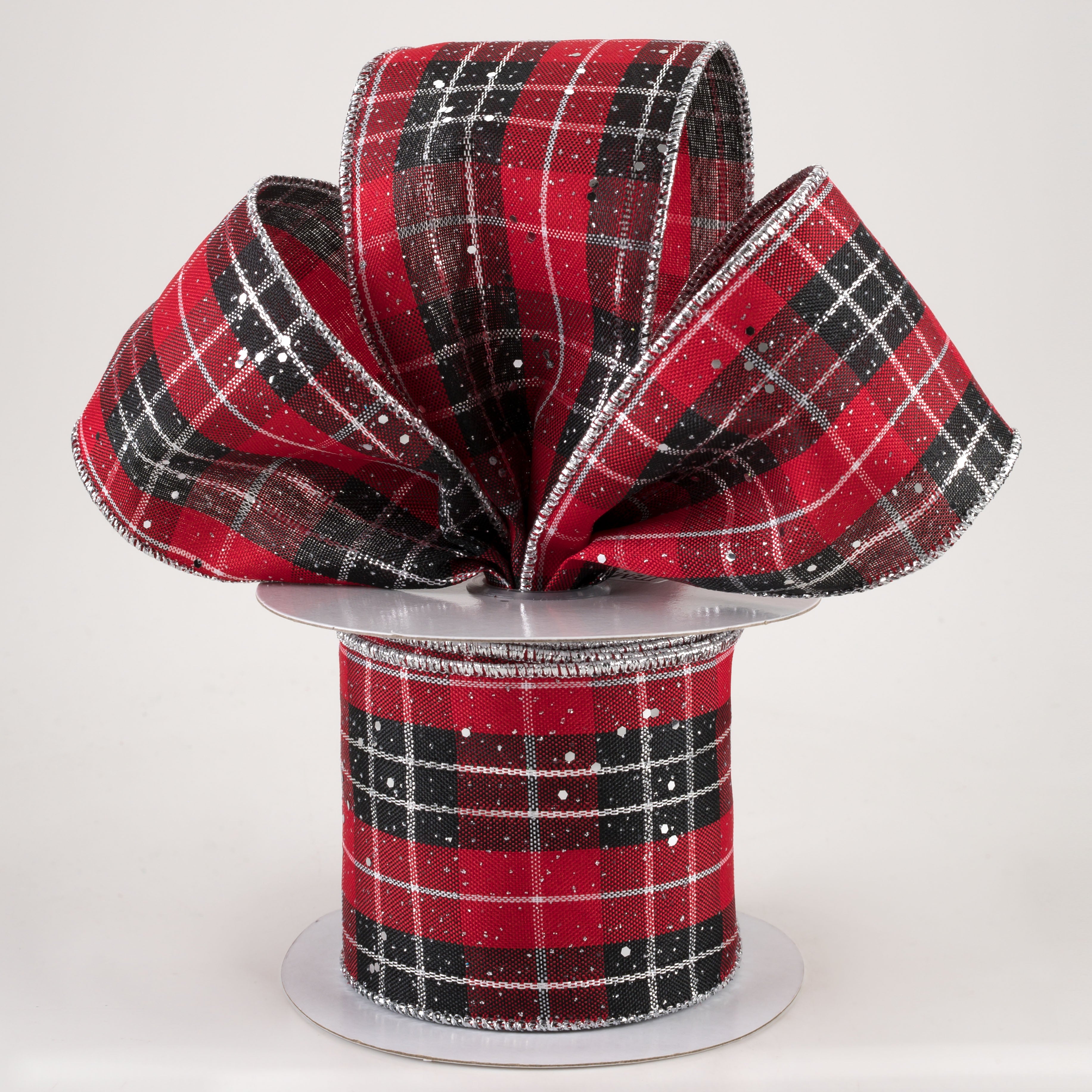 2.5" Metallic Plaid Hex Glitter Ribbon: Red, Black, White, Silver (10 Yards) Lifestyle Photo