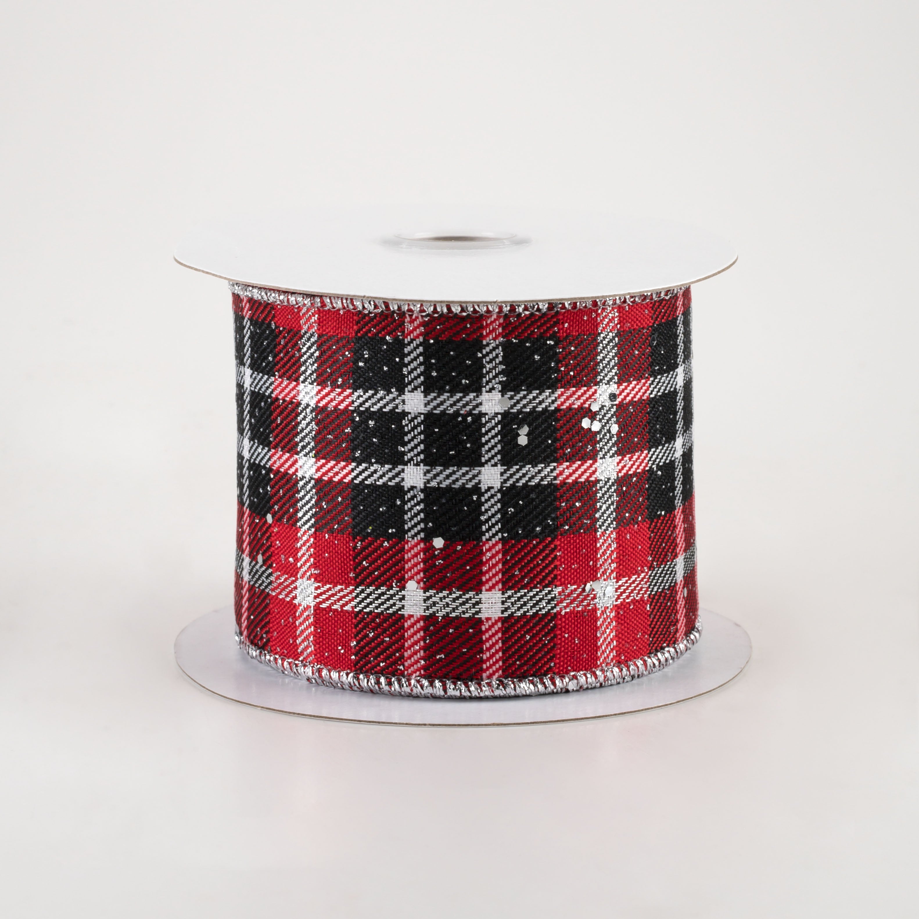 2.5" Metallic Plaid Hex Glitter Ribbon: Red, Black, White, Silver (10 Yards)