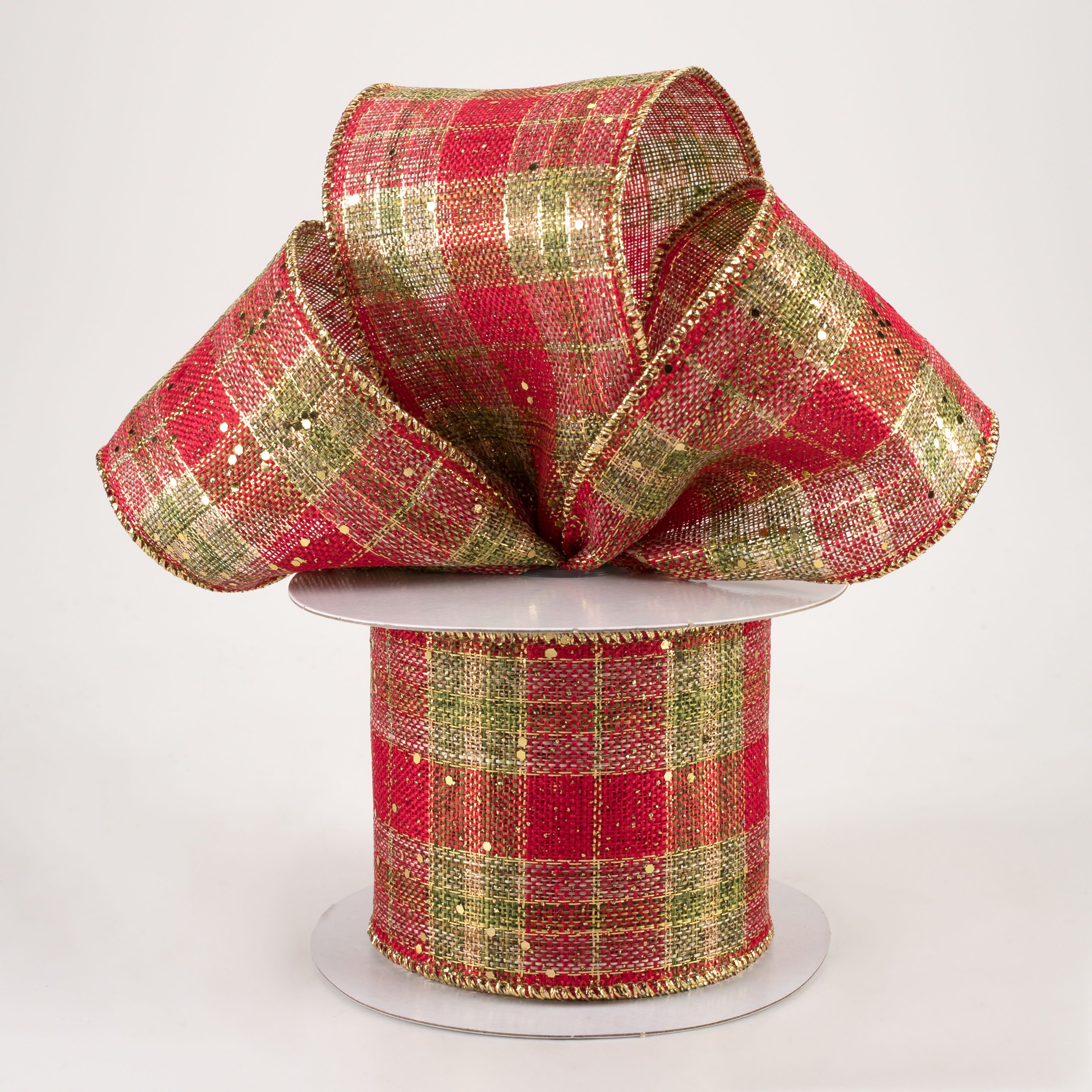2.5" Metallic Plaid Hex Glitter Ribbon: Red, Moss, Gold (10 Yards) Lifestyle Photo