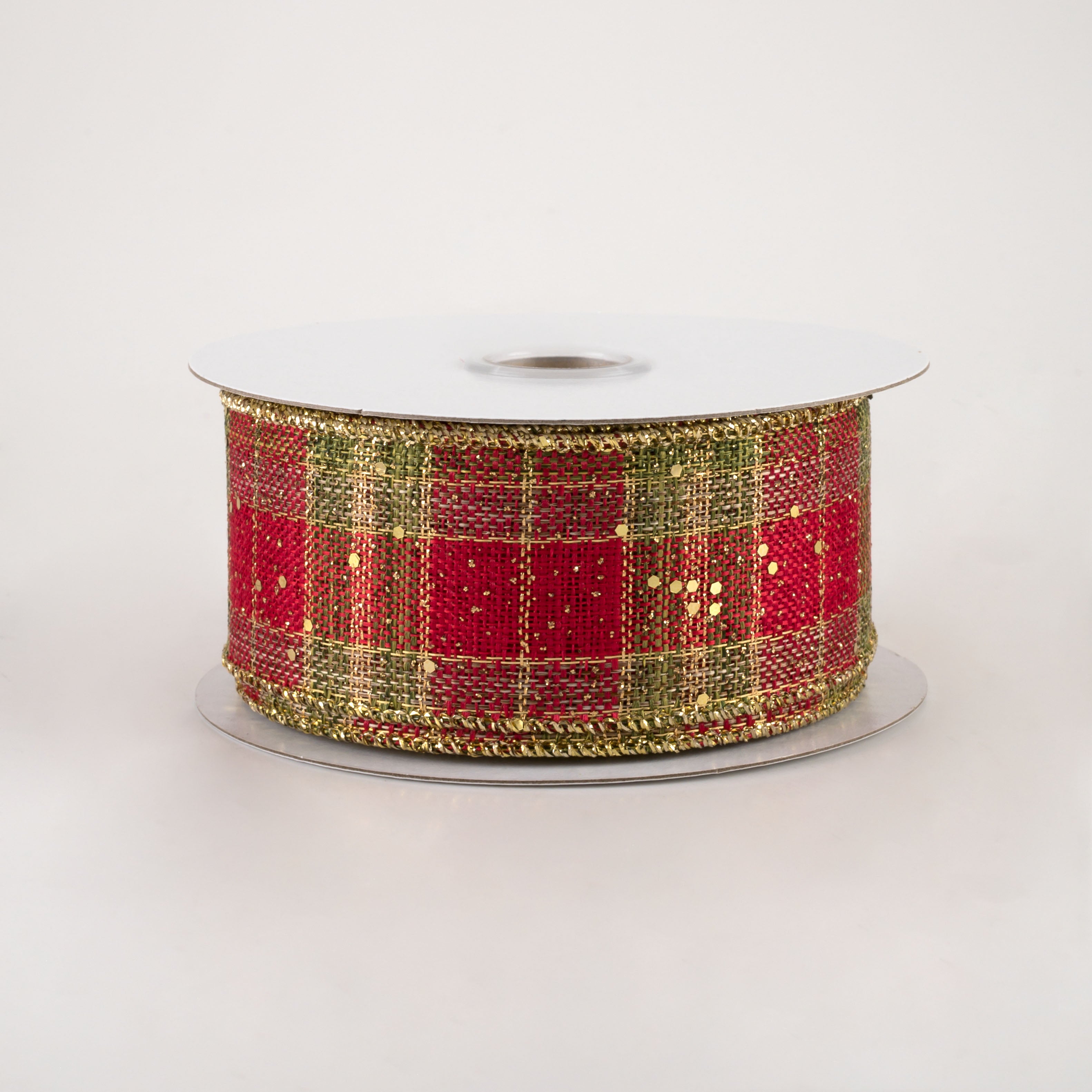 1.5" Metallic Plaid Hex Glitter Ribbon: Red, Moss, Gold (10 Yards)