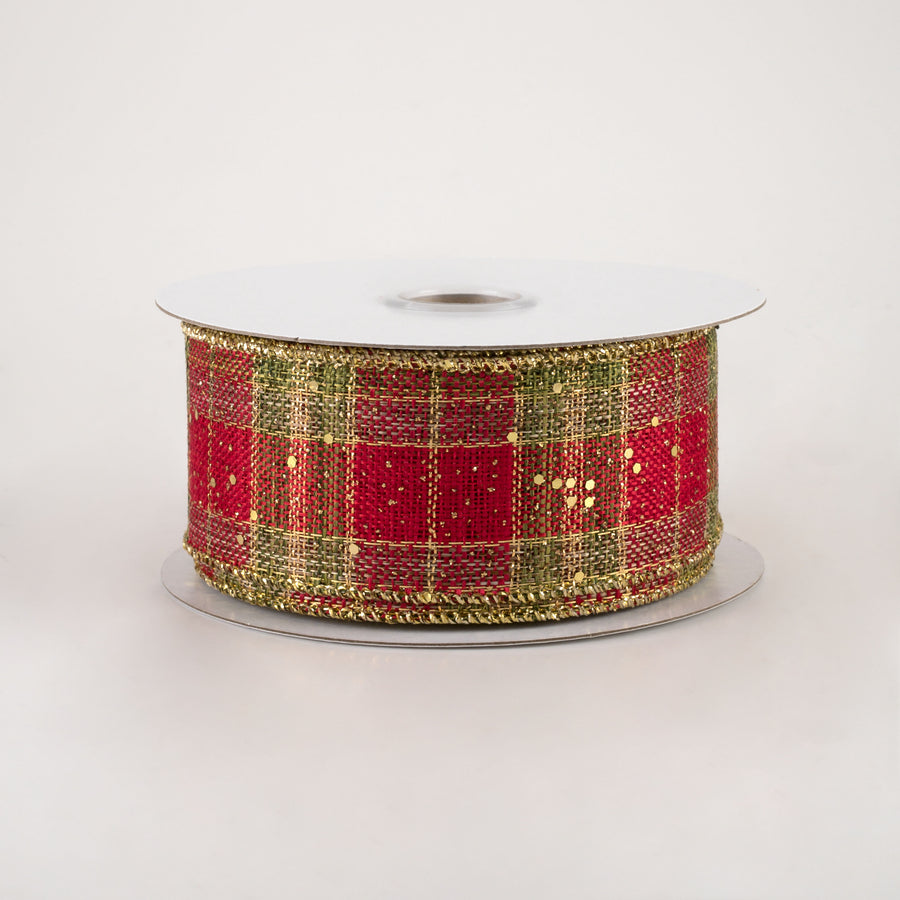 1.5" Metallic Plaid Hex Glitter Ribbon: Red, Moss, Gold (10 Yards)