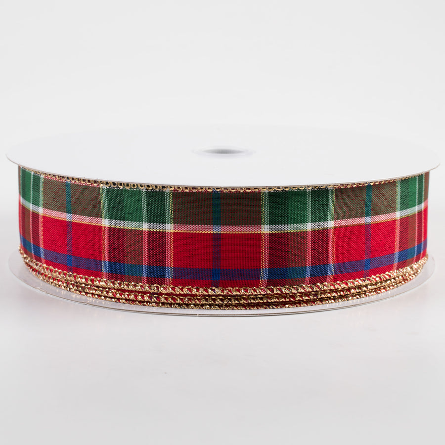 1.5" Metallic Plaid Ribbon: Red, Blue, Green, Gold (50 Yards)