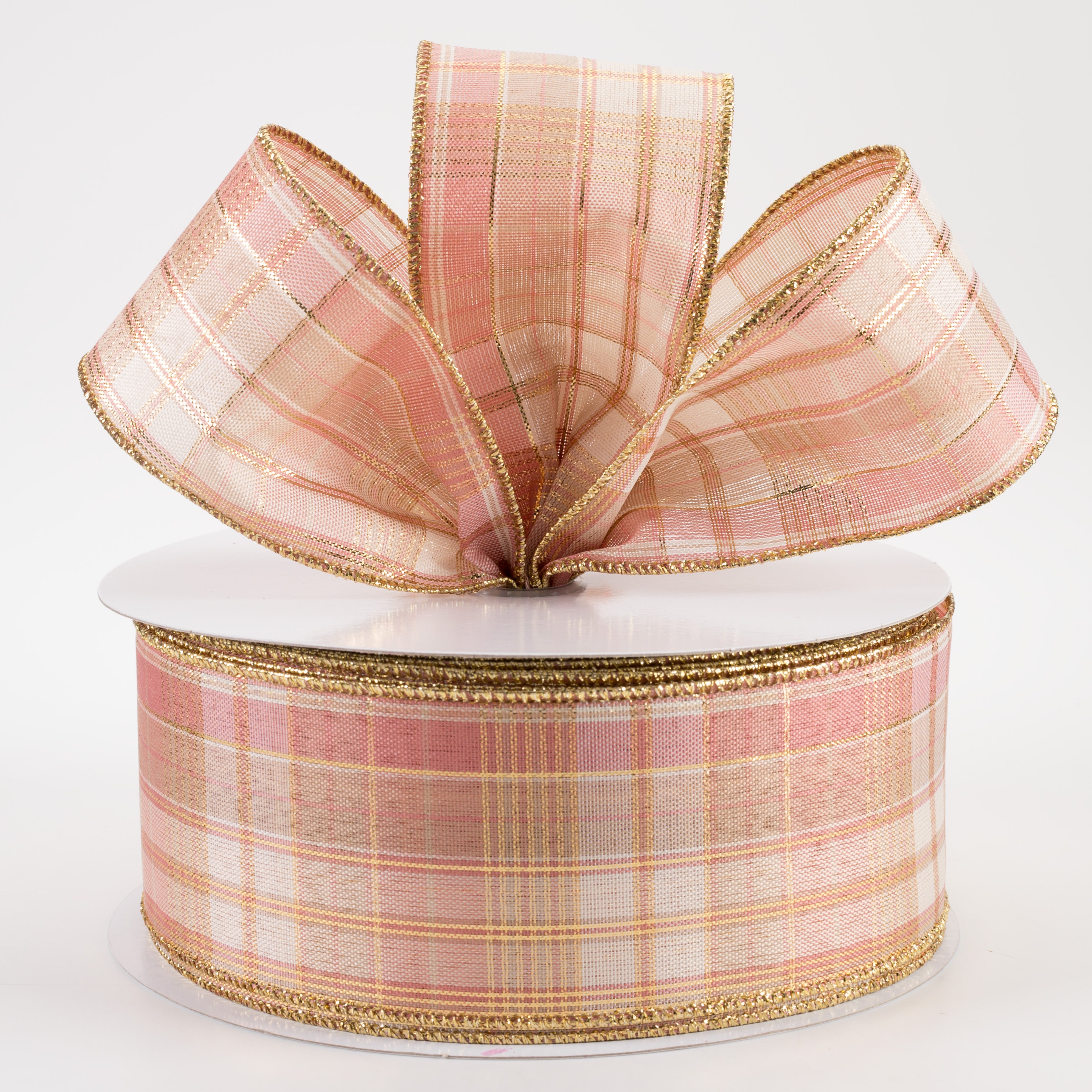 2.5" Metallic Plaid Ribbon: Rose Gold & Ivory (50 Yards) Lifestyle Photo