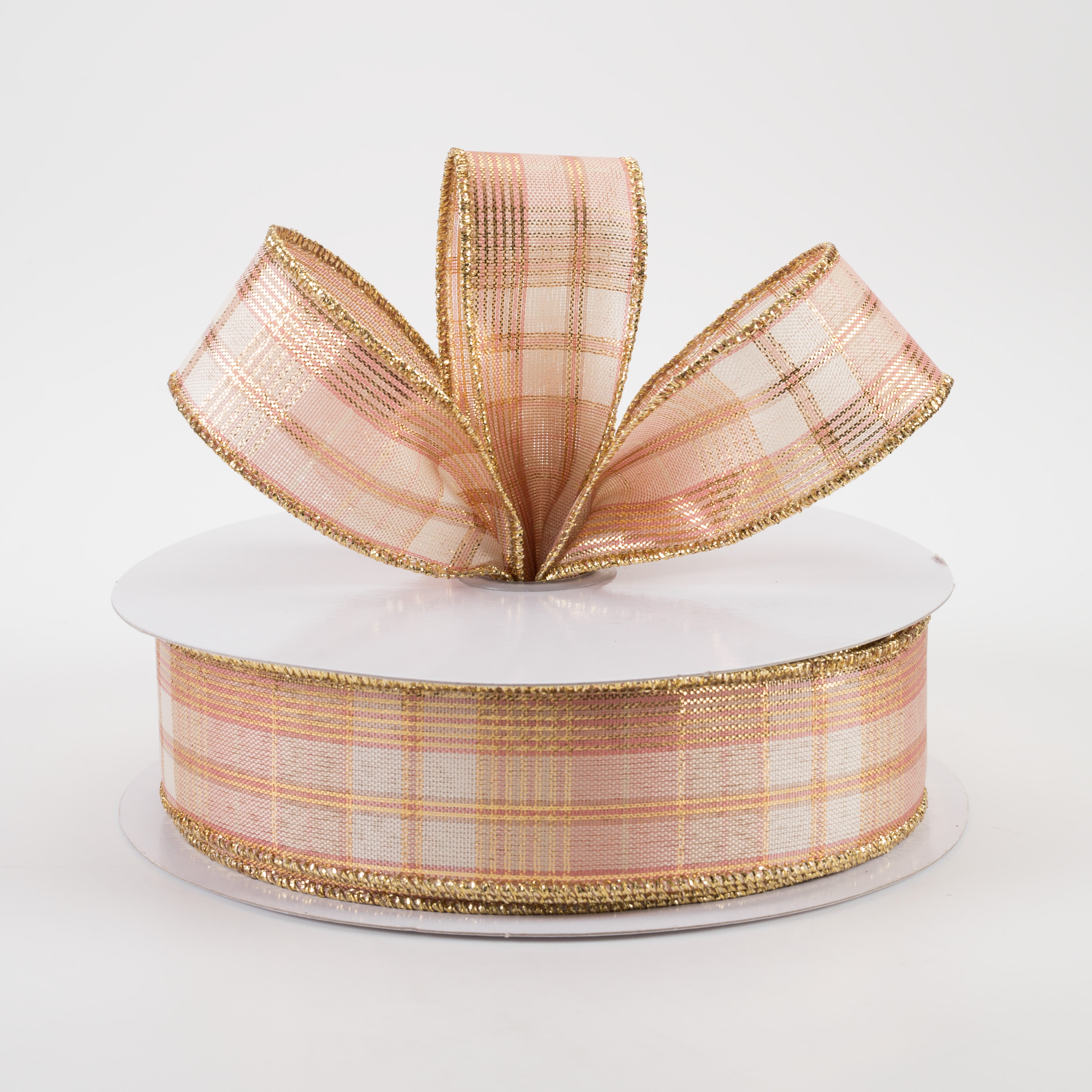1.5" Metallic Plaid Ribbon: Rose Gold & Ivory (50 Yards) Lifestyle Photo