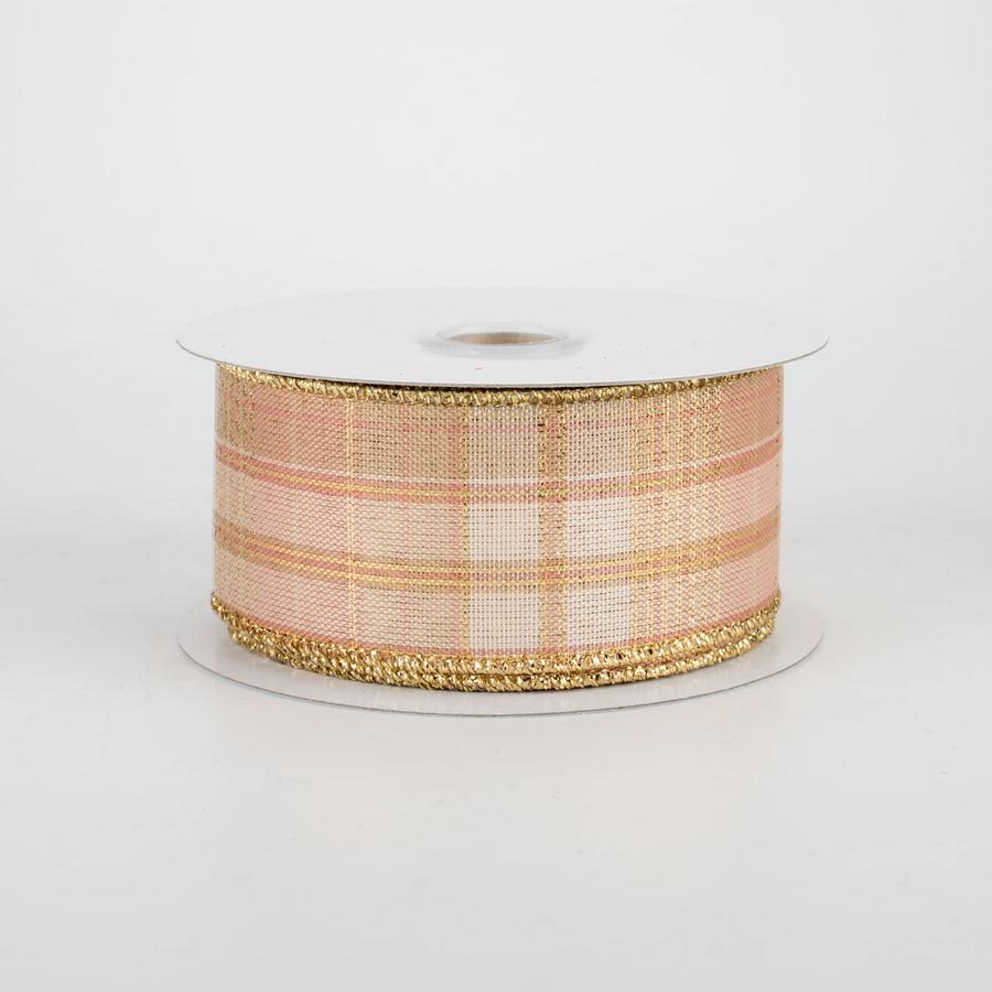 1.5" Metallic Plaid Ribbon: Rose Gold & Ivory (10 yards)