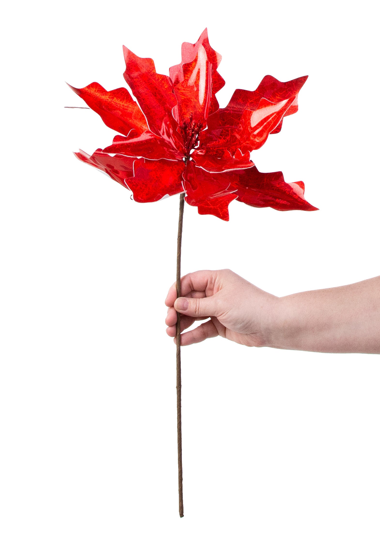 22" Metallic Poinsettia Stem: Red detail photo 3