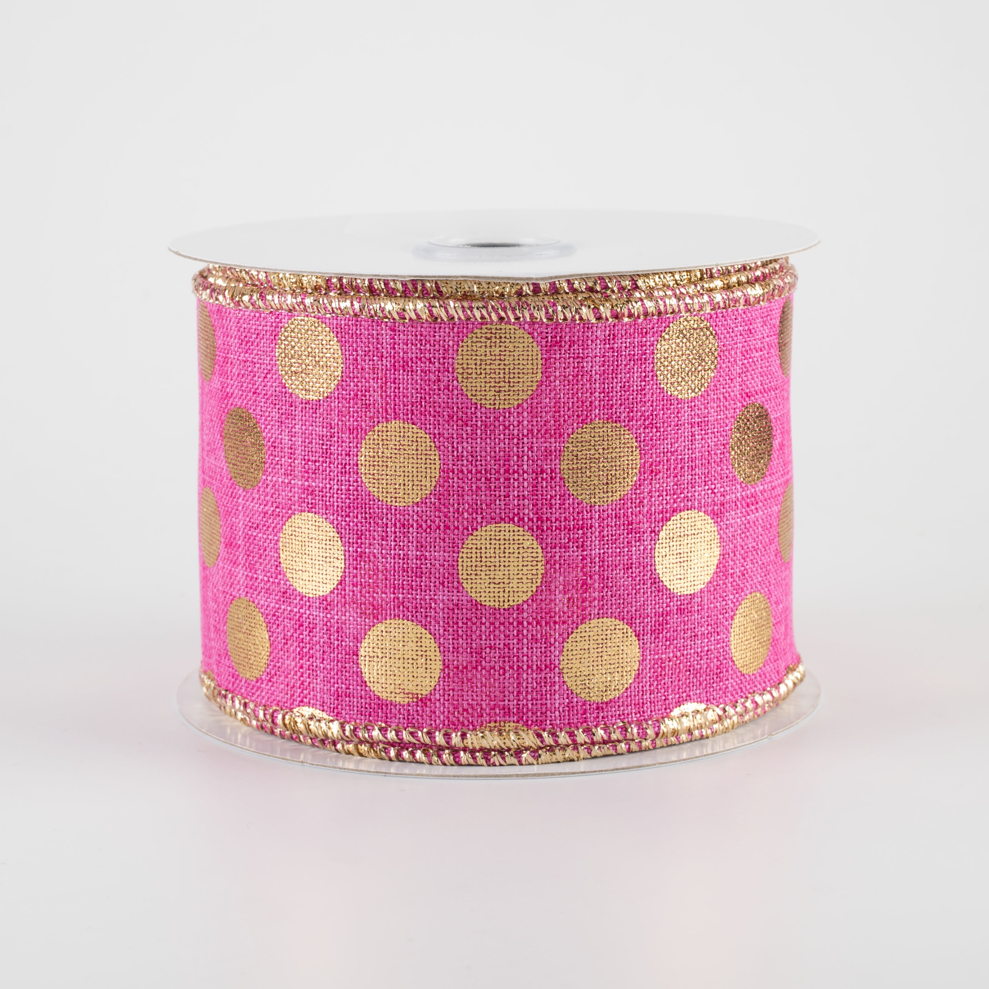 2.5" Metallic Polka Dots Ribbon: Hot Pink & Gold (10 Yards) Item Number: RGE166207