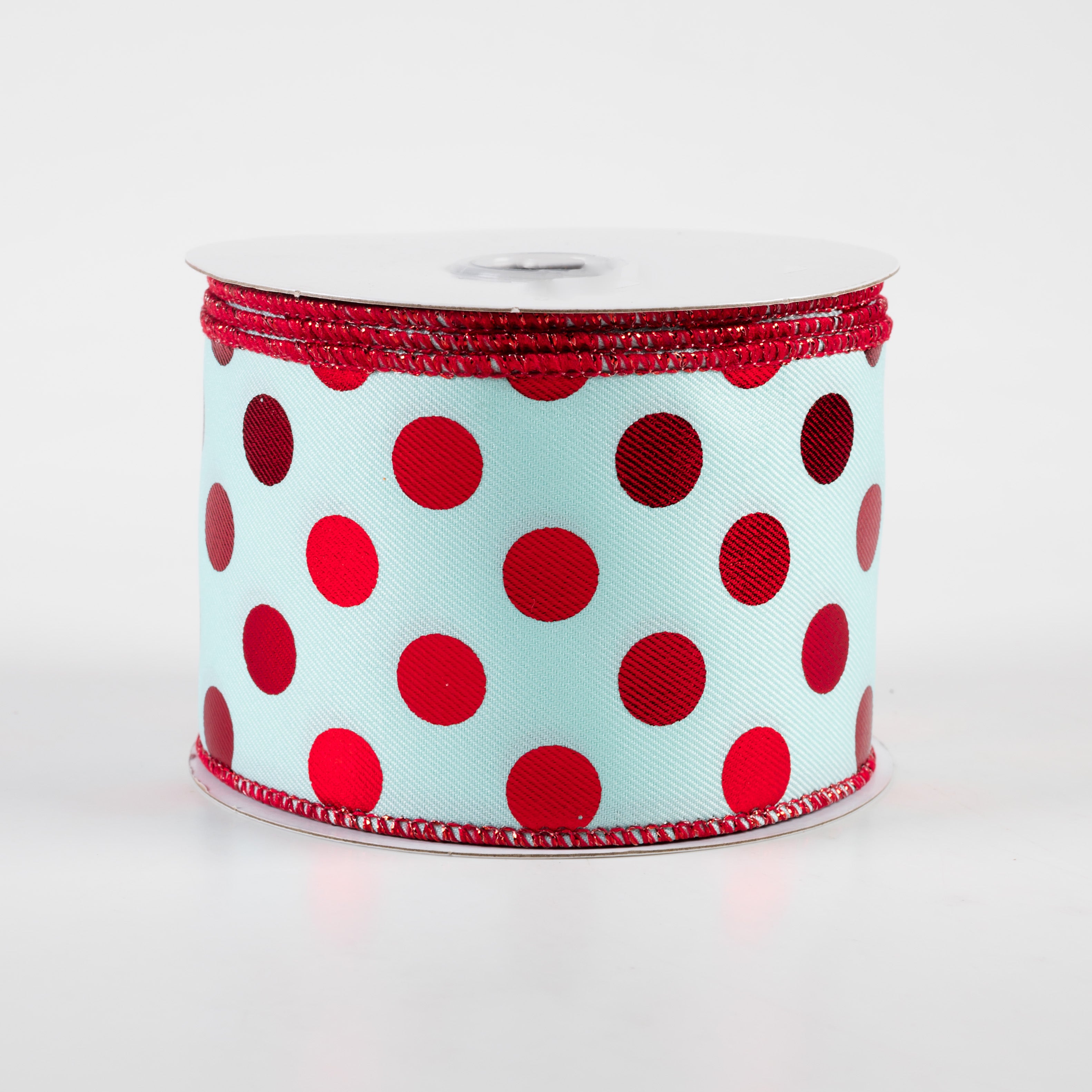 2.5" Metallic Polka Dots Ribbon: Ice Blue & Red (10 Yards)