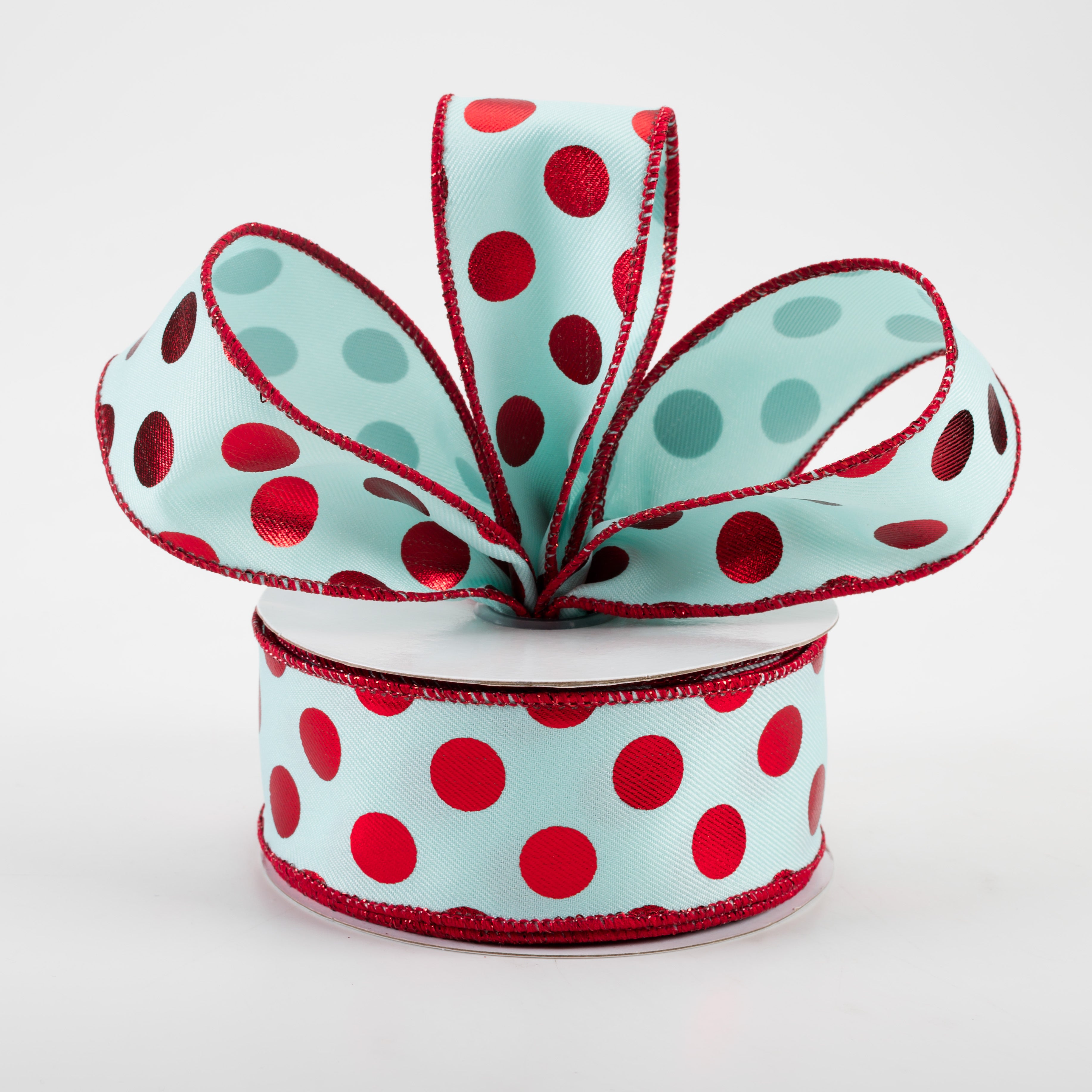 1.5" Metallic Polka Dots Ribbon: Ice Blue & Red (10 Yards) Lifestyle Photo