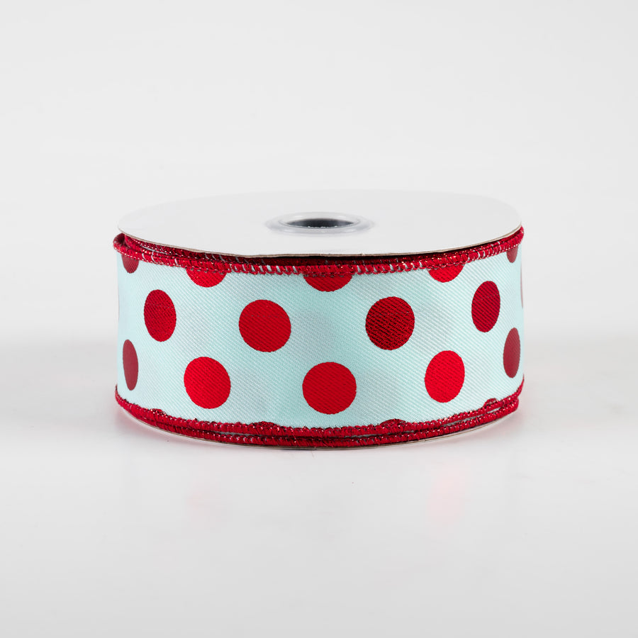 1.5" Metallic Polka Dots Ribbon: Ice Blue & Red (10 Yards)