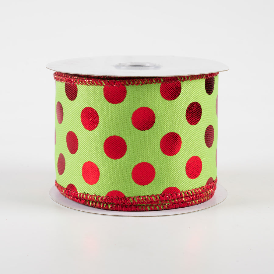 2.5" Metallic Polka Dots Ribbon: Lime Green & Red (10 Yards)