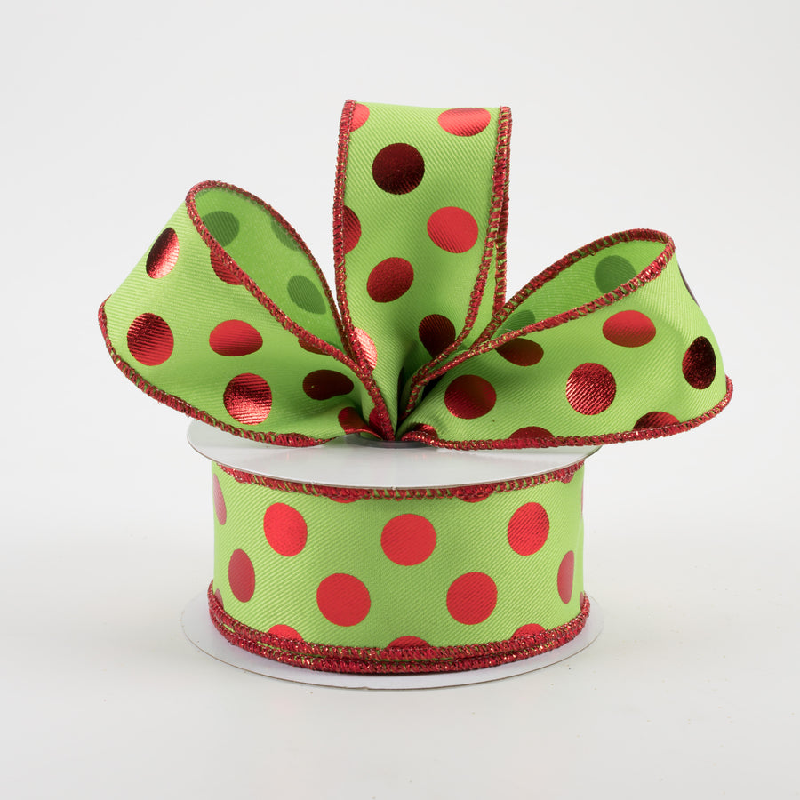 1.5" Metallic Polka Dots Ribbon: Lime Green & Red (10 Yards) Lifestyle Photo