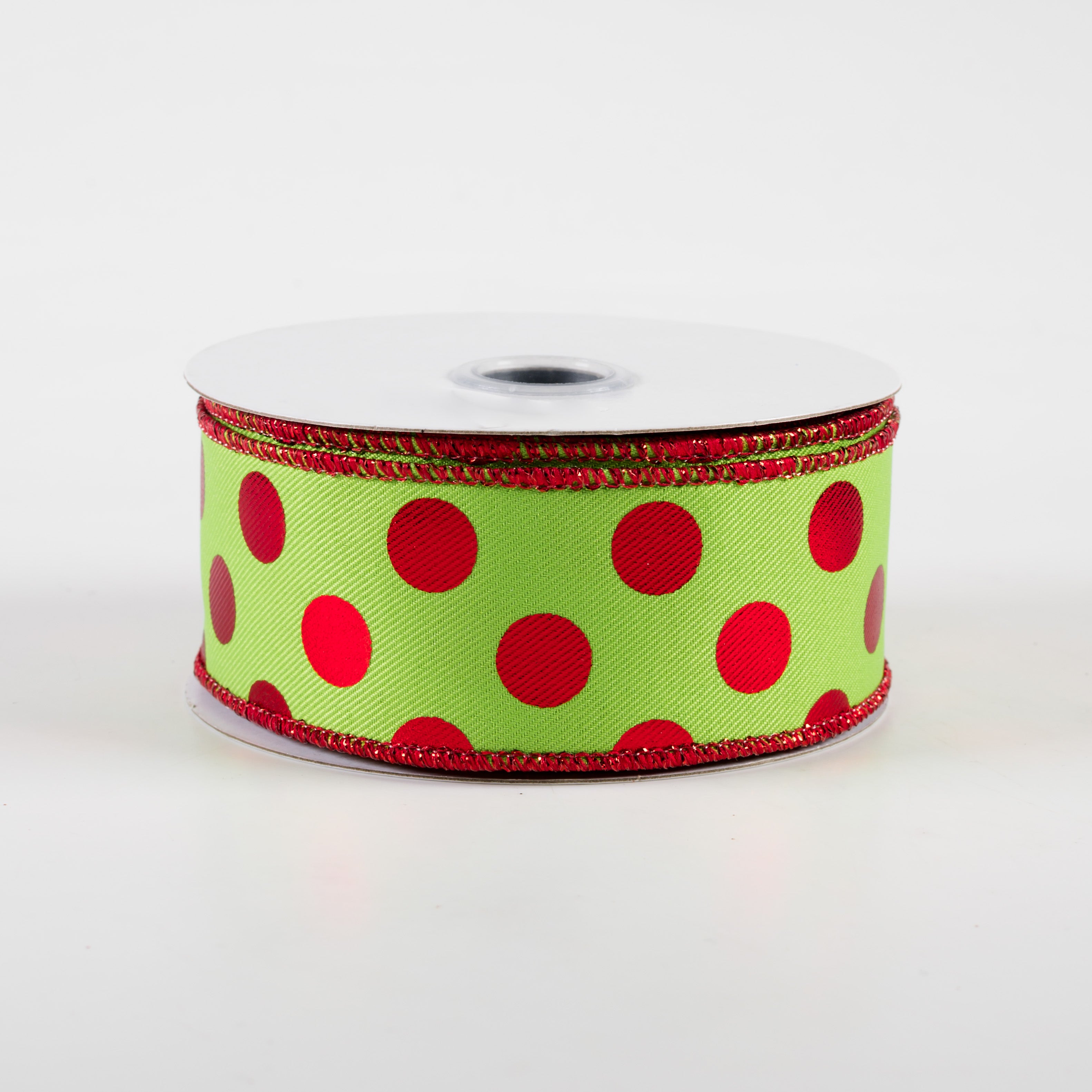 1.5" Metallic Polka Dots Ribbon: Lime Green & Red (10 Yards)