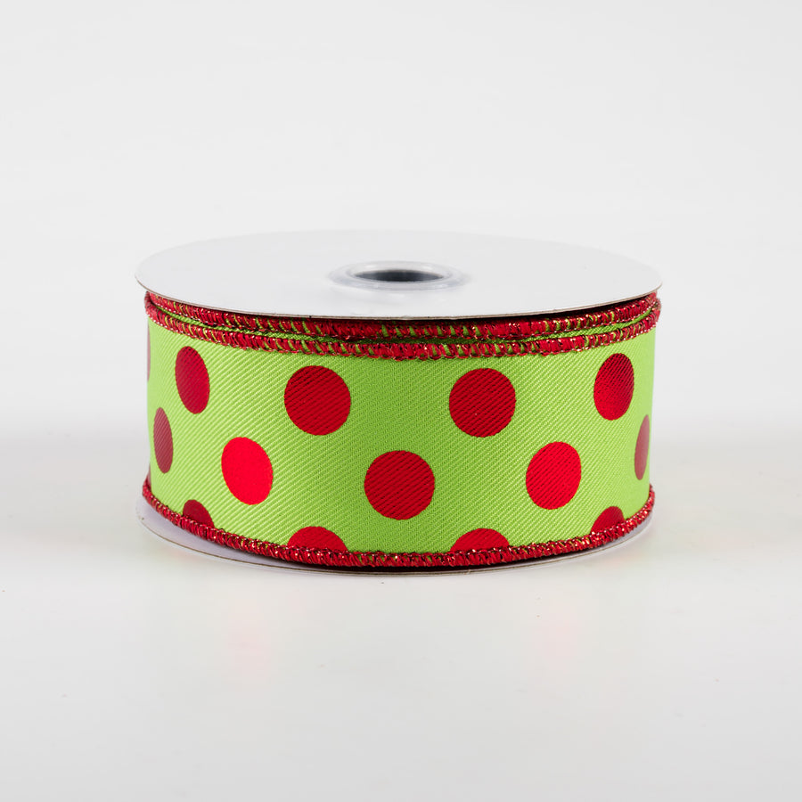 1.5" Metallic Polka Dots Ribbon: Lime Green & Red (10 Yards)