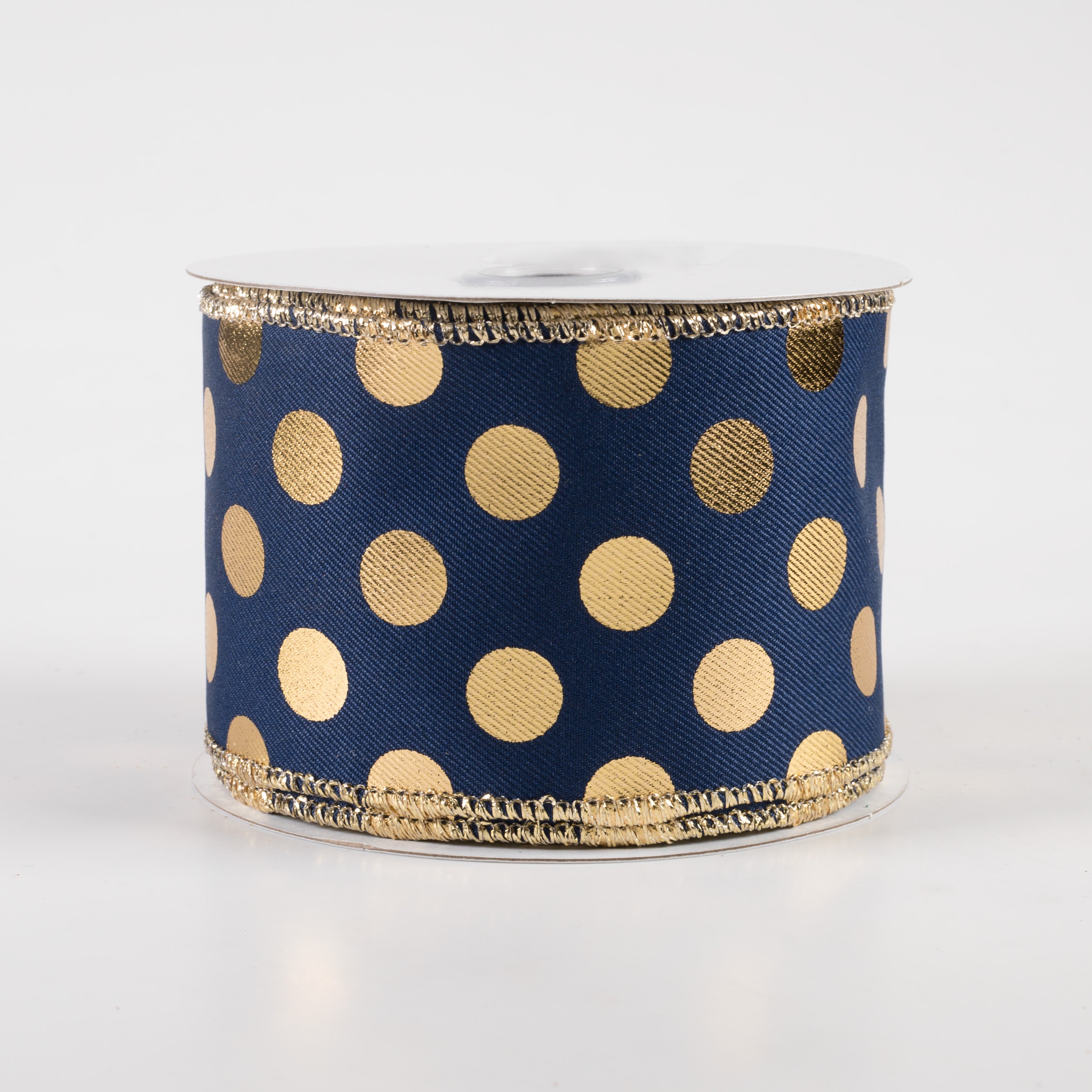 2.5" Metallic Polka Dots Ribbon: Navy Blue & Gold (10 Yards)