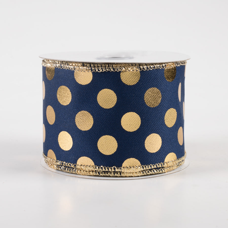 2.5" Metallic Polka Dots Ribbon: Navy Blue & Gold (10 Yards)