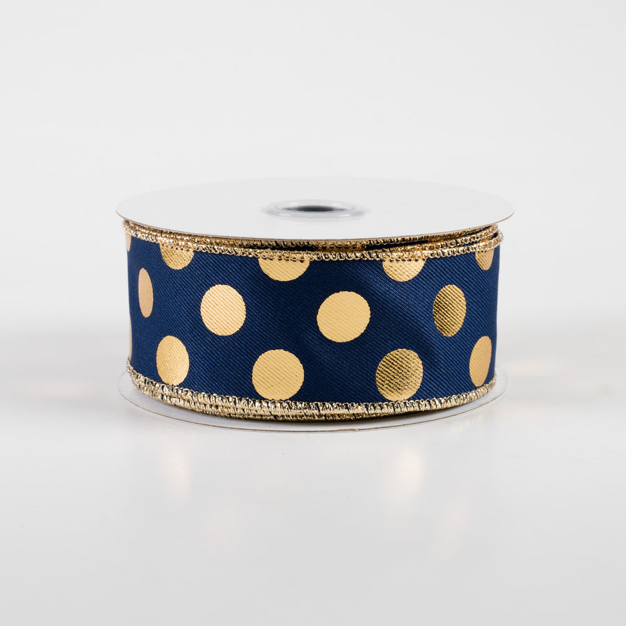 1.5" Metallic Polka Dots Ribbon: Navy Blue & Gold (10 Yards)