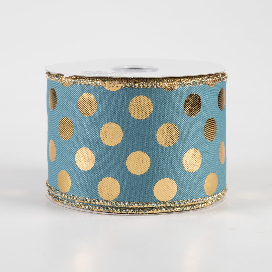 2.5" Metallic Polka Dots Ribbon: Smoke Blue & Gold (10 Yards)