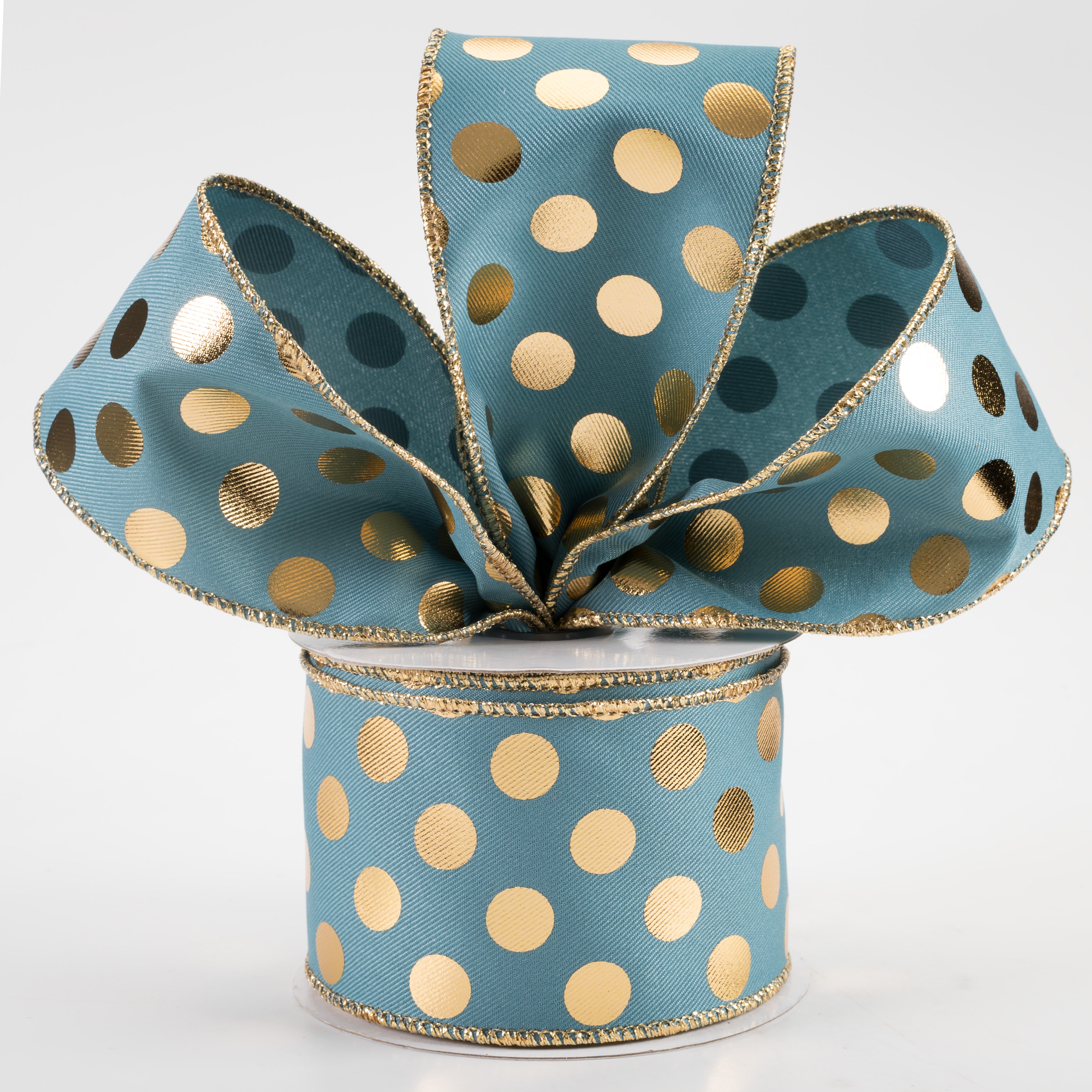 2.5" Metallic Polka Dots Ribbon: Smoke Blue & Gold (10 Yards) Lifestyle Photo
