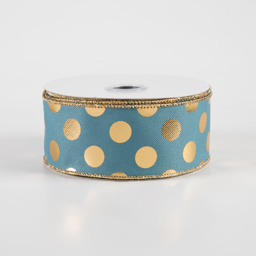 1.5" Metallic Polka Dots Ribbon: Smoke Blue & Gold (10 Yards)