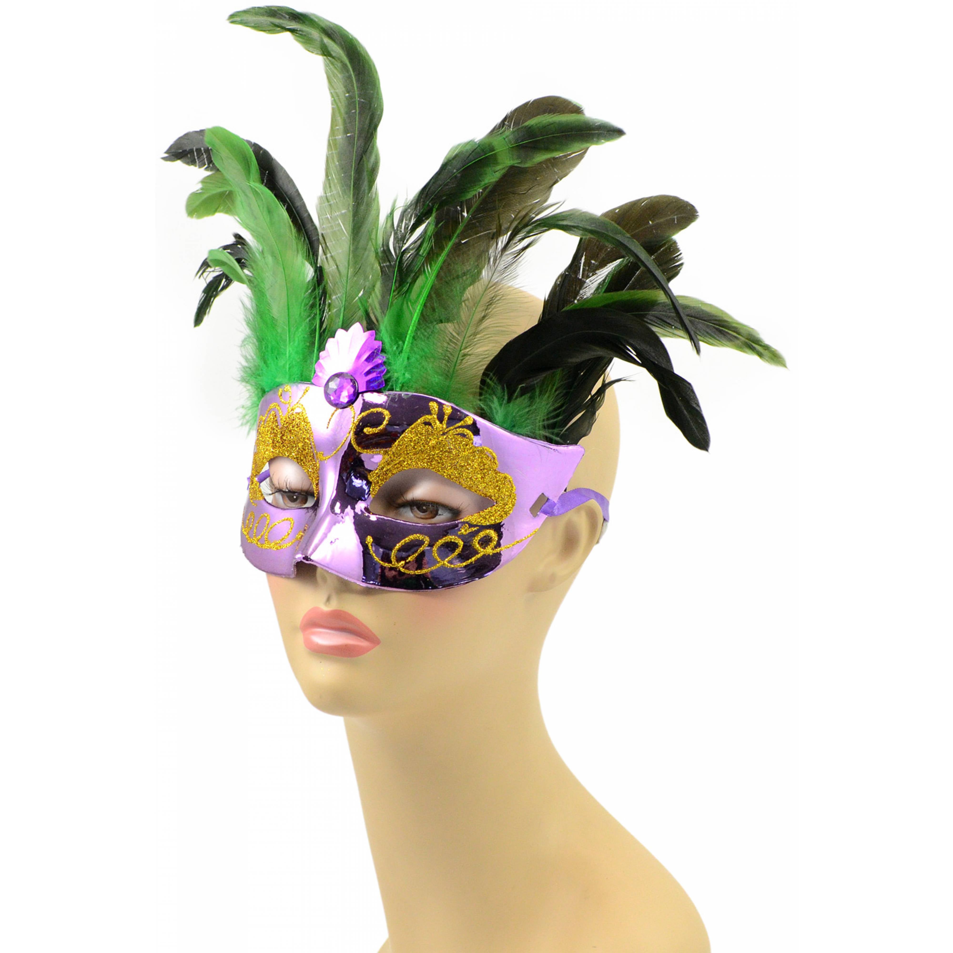 Metallic Purple Feather Topped Mask Lifestyle Photo