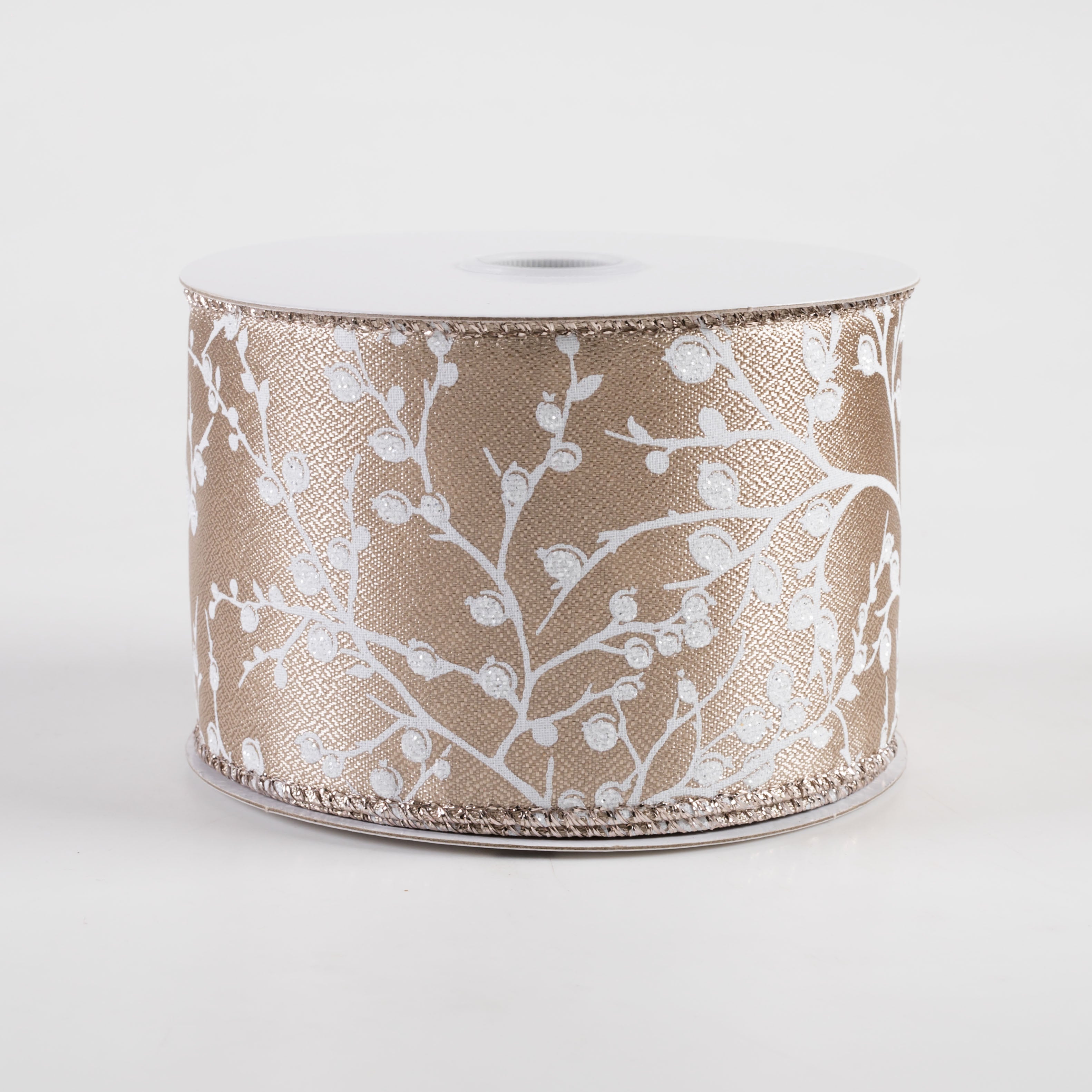 2.5" Metallic Satin Glitter Tree Branches & Berries Ribbon: Taupe (10 Yards)
