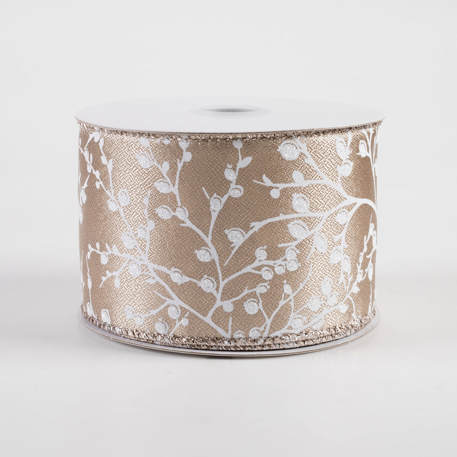 2.5" Metallic Satin Glitter Tree Branches & Berries Ribbon: Taupe (10 Yards)