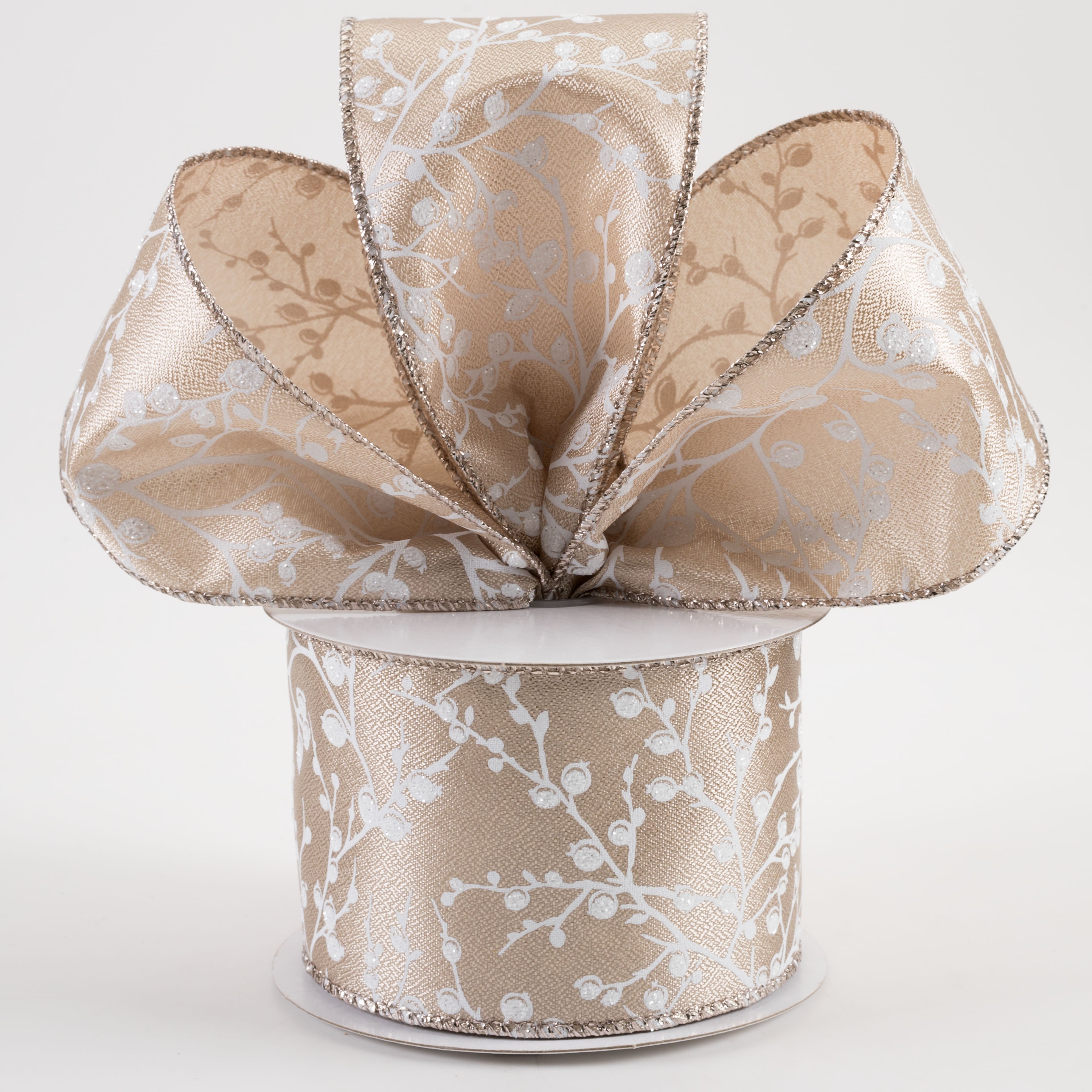 2.5" Metallic Satin Glitter Tree Branches & Berries Ribbon: Taupe (10 Yards) Lifestyle Photo