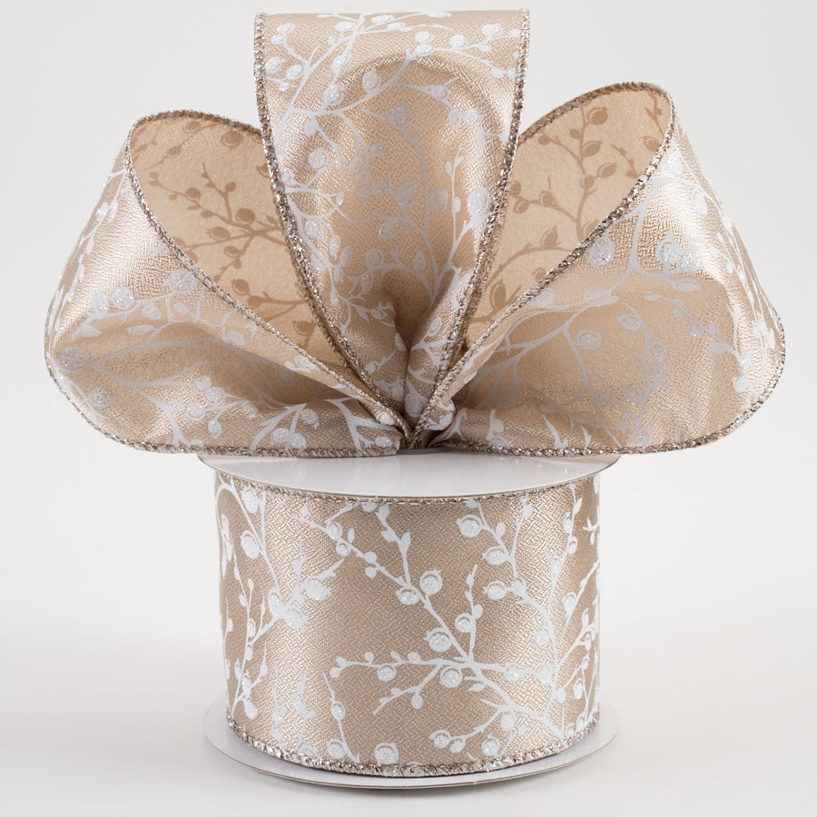 2.5" Metallic Satin Glitter Tree Branches & Berries Ribbon: Taupe (10 Yards) Lifestyle Photo