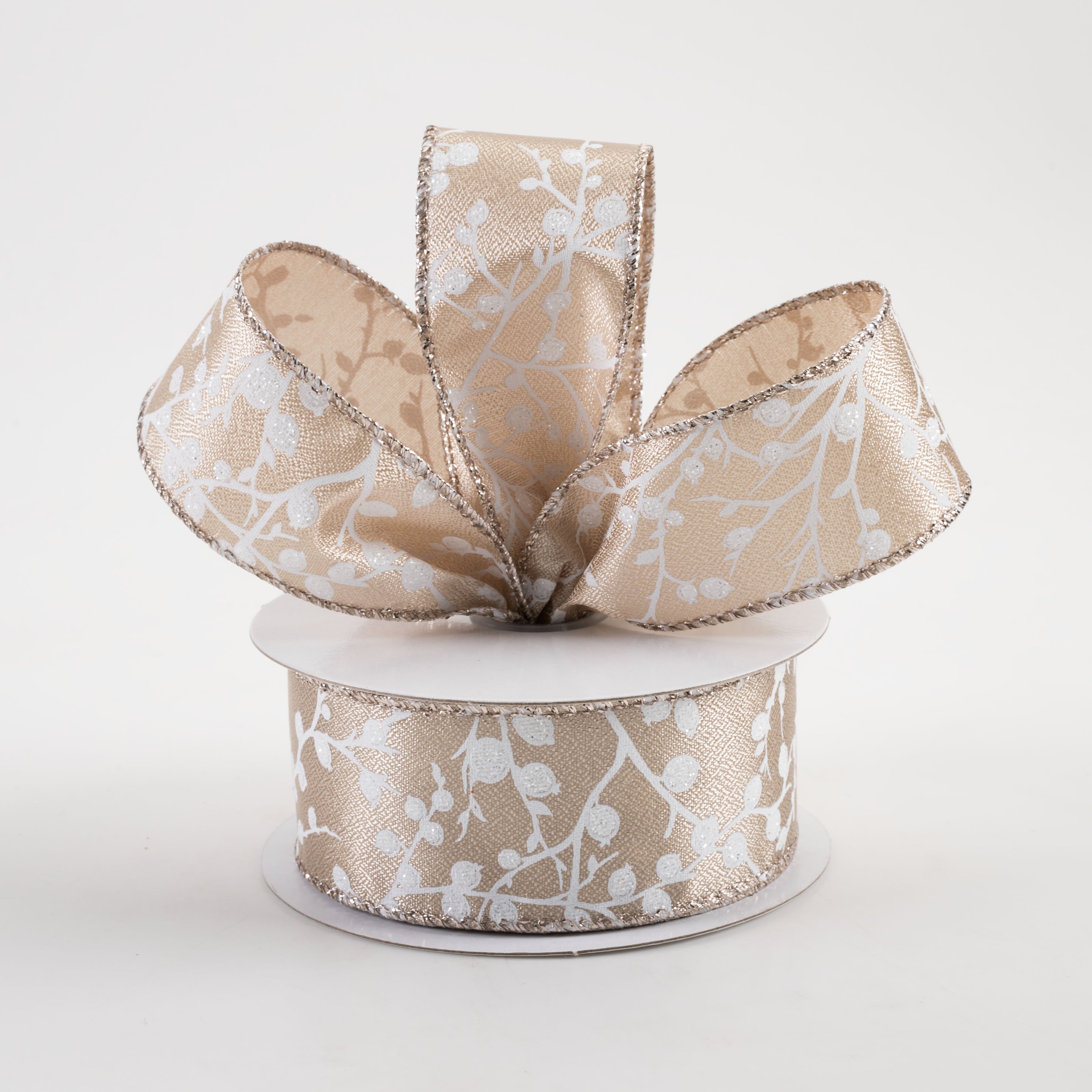 1.5" Metallic Satin Glitter Tree Branches & Berries Ribbon: Taupe (10 Yards) Lifestyle Photo