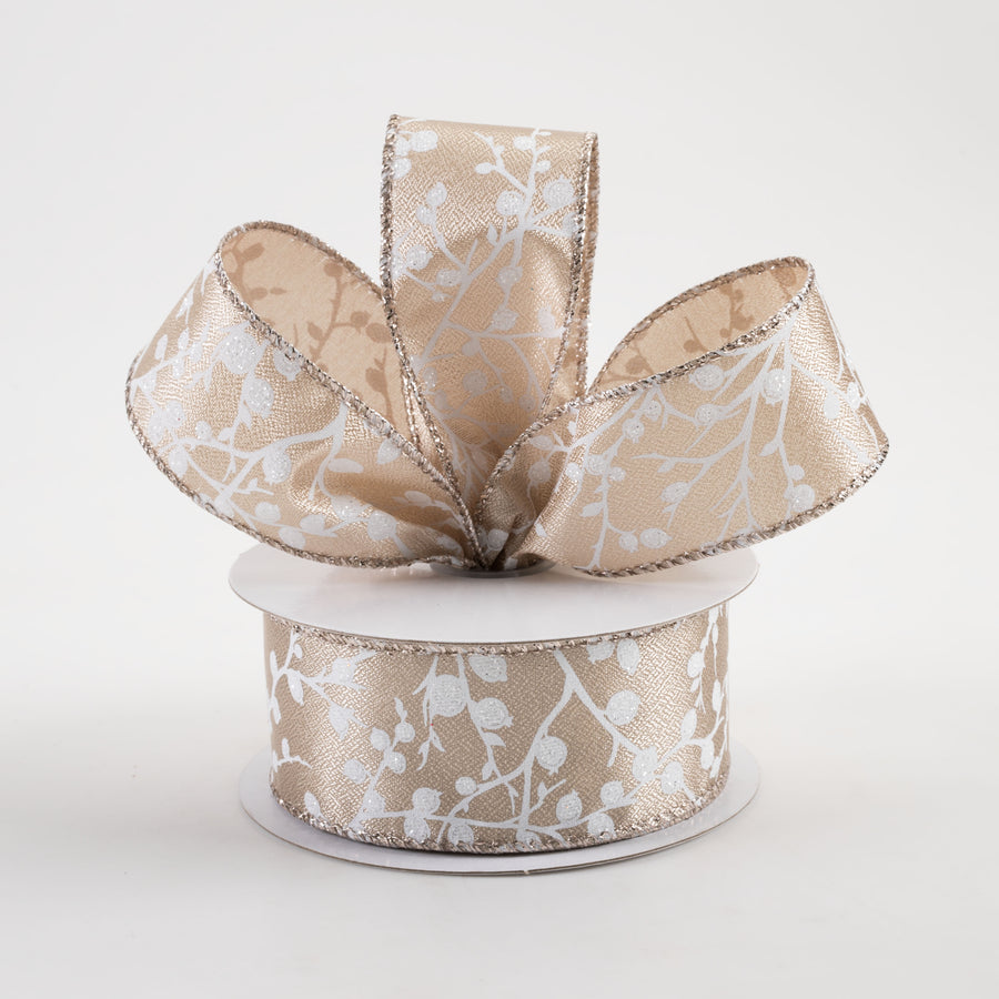 1.5" Metallic Satin Glitter Tree Branches & Berries Ribbon: Taupe (10 Yards) Lifestyle Photo