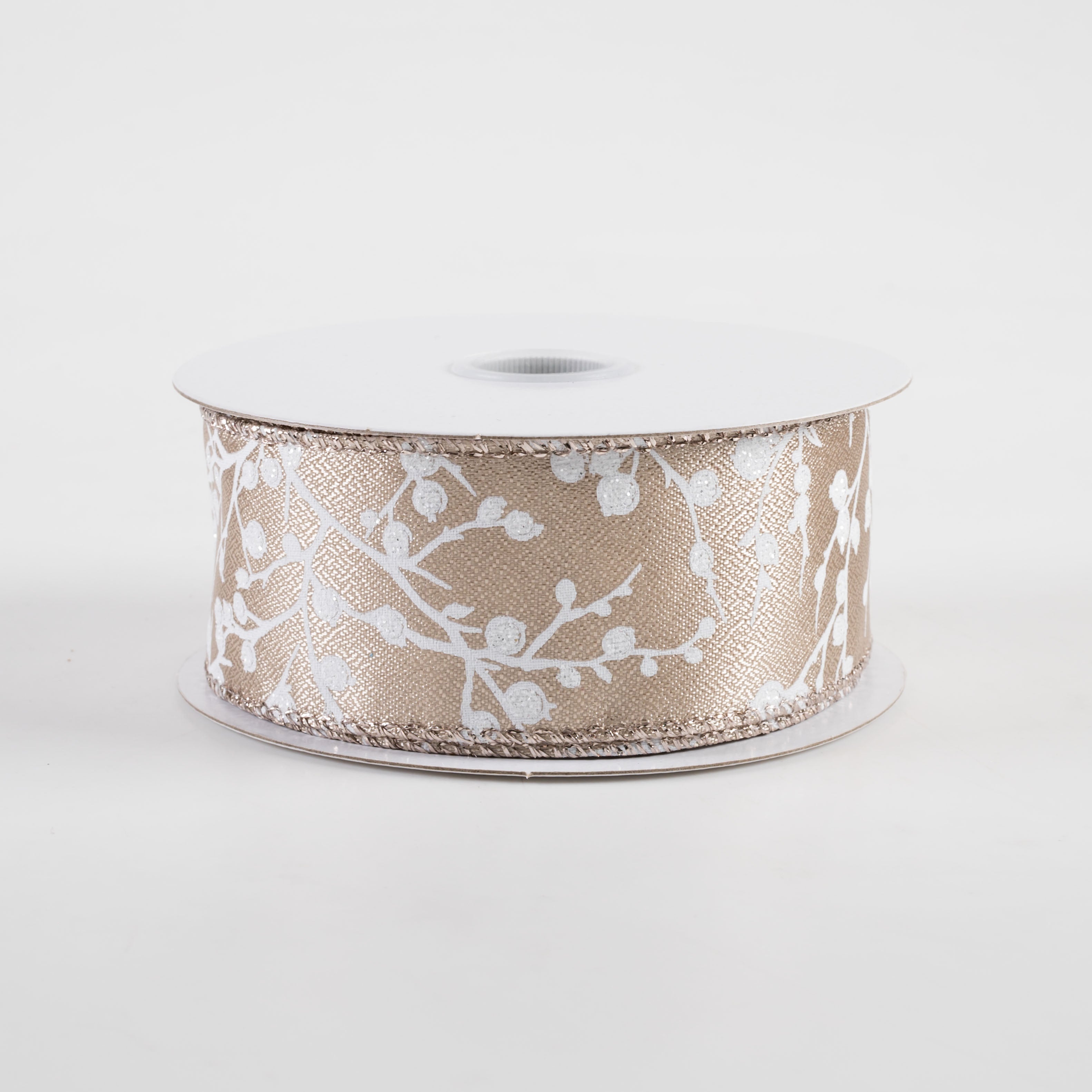 1.5" Metallic Satin Glitter Tree Branches & Berries Ribbon: Taupe (10 Yards)
