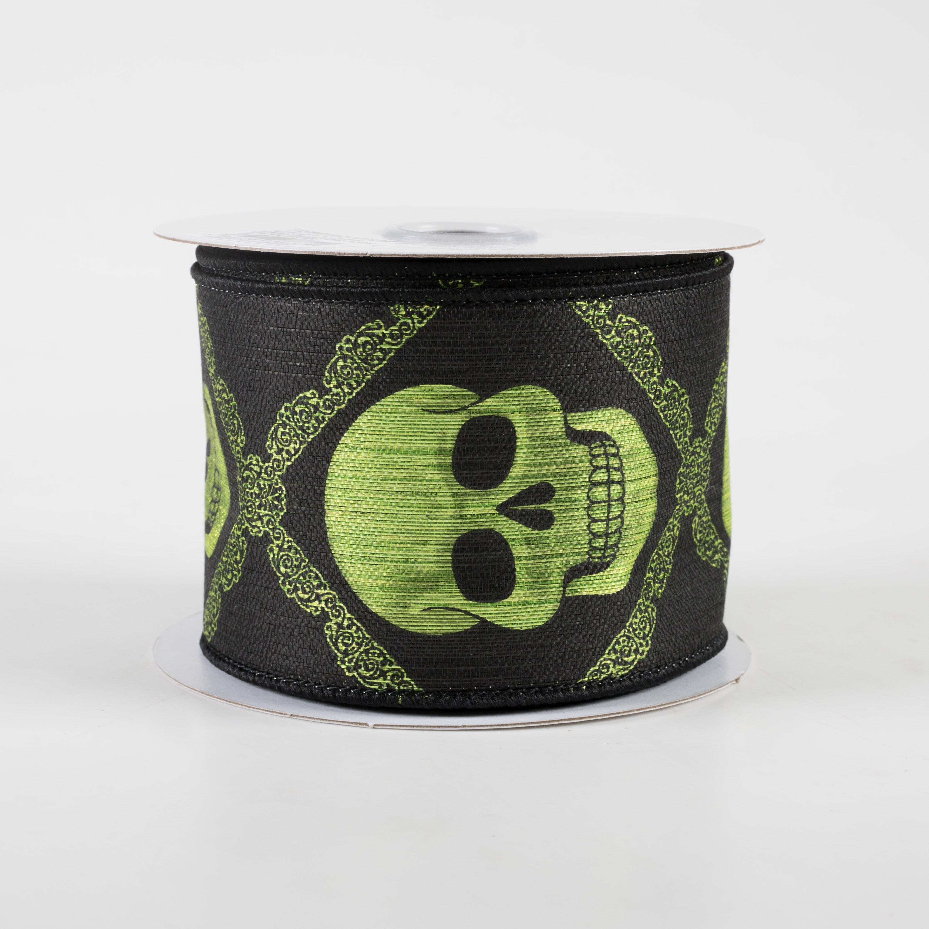 2.5" Metallic Skulls Ribbon: Black & Lime (10 Yards)