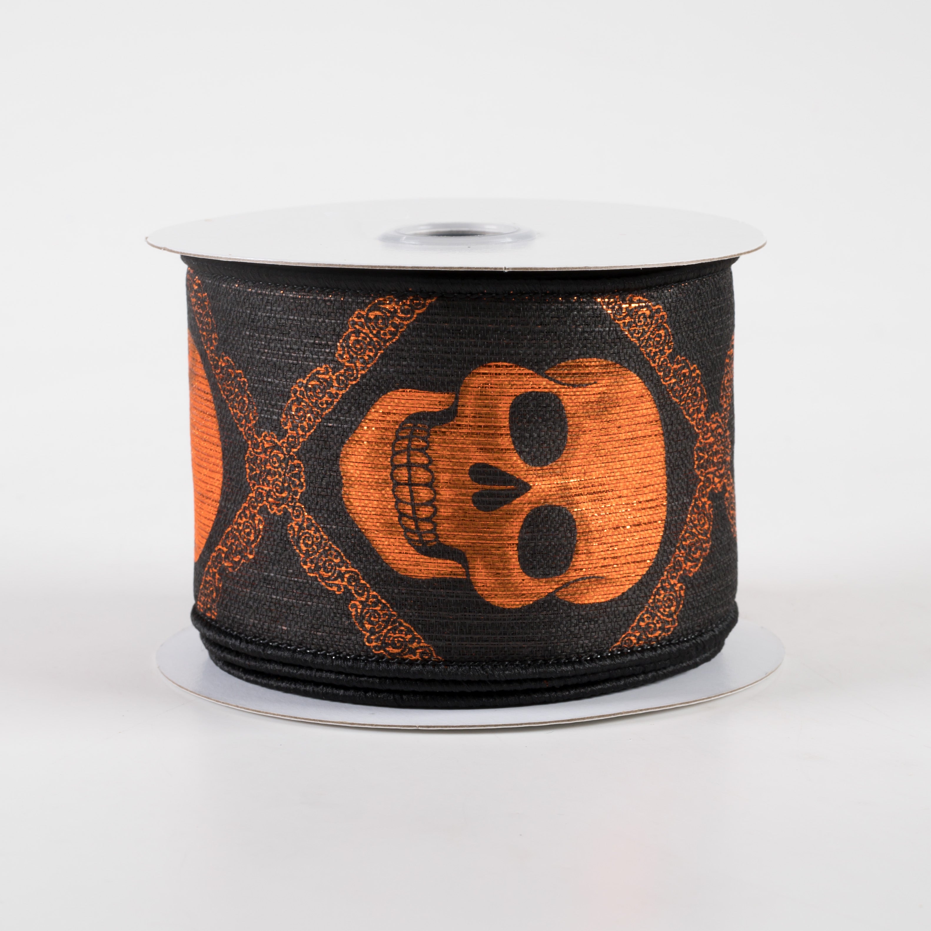 2.5" Metallic Skulls Ribbon: Black & Orange (10 Yards)